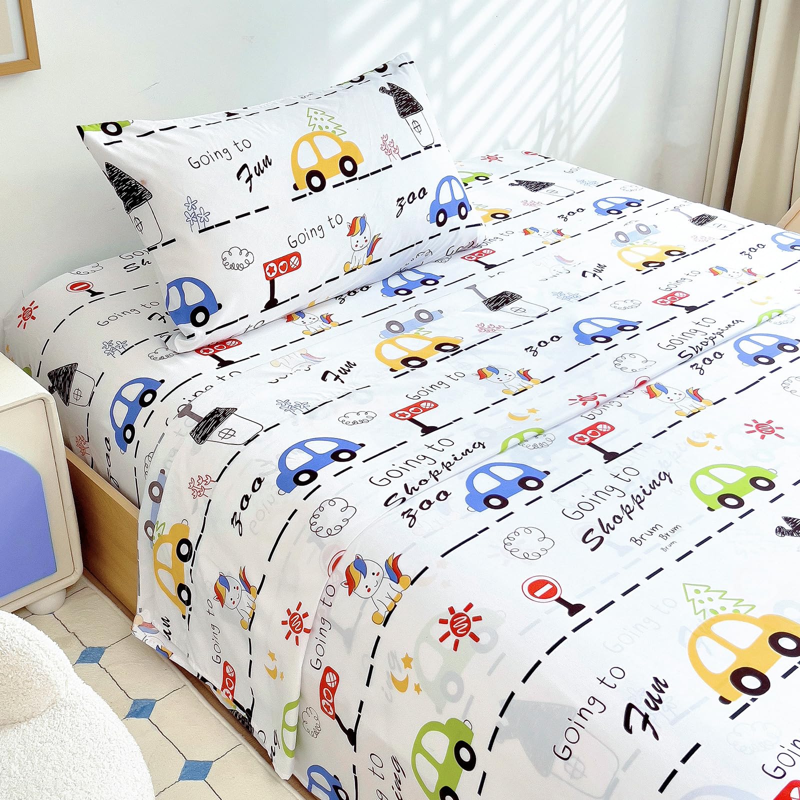 Twin Sheet Set Kids - Car 3 Pieces Soft Microfiber Cartoon Style Bedsheets for Boys Girls Teens, Oeko TEX Breathable 15 Inch Deep Pocket Sheets(Unicorn Town)
