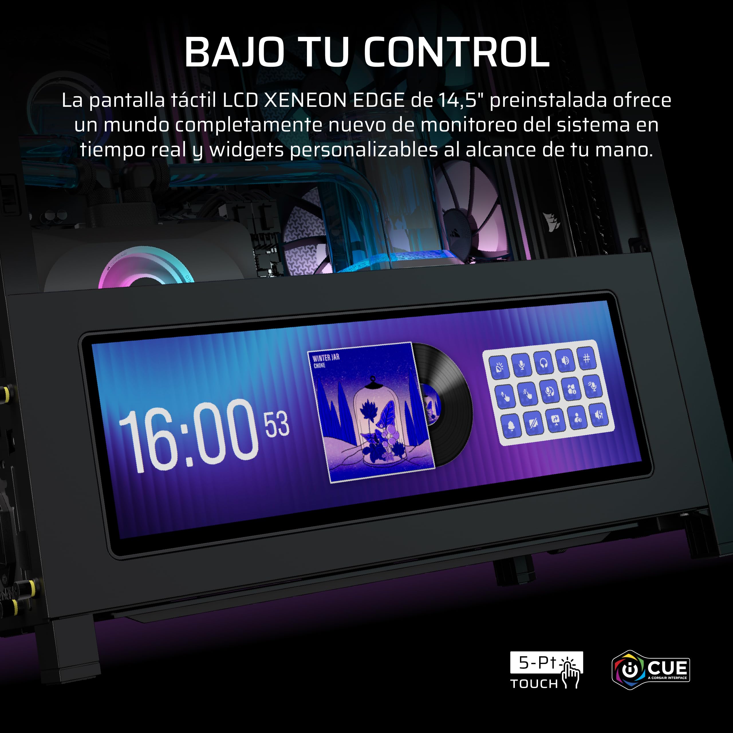CORSAIR Frame 4000D LCD RS ARGB Chasis para PC Modular ATX Semitorre – Pantalla Táctil LCD XENEON Edge, Sistema de Montaje de InfiniRail, 4 Ventiladores RS120 ARGB PWM – Negro | Pantalla táctil modular XENEON EDGE LCD, sistema de montaje del ventilador In