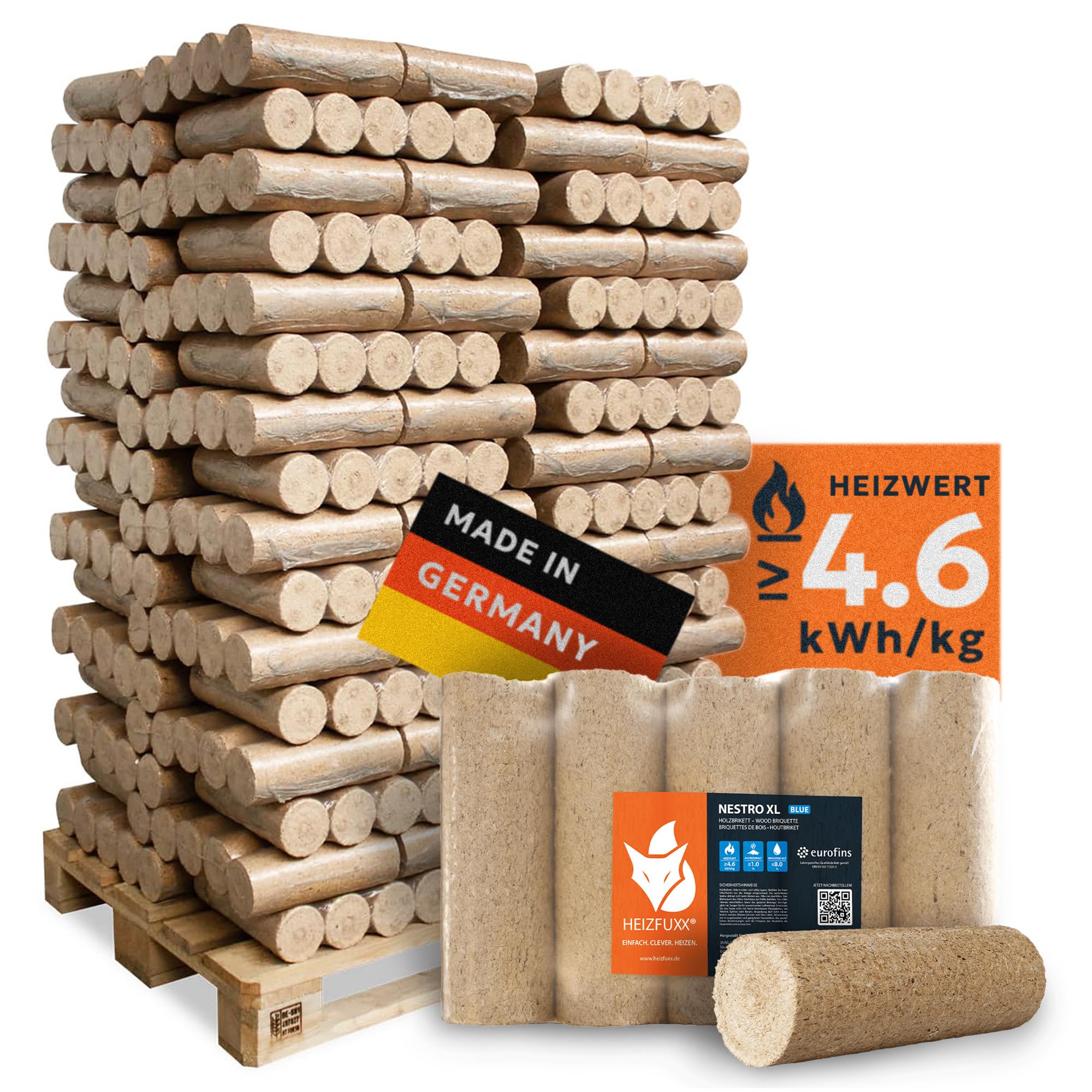 Holzbriketts Nestro XL Blue - Weichholzbriketts Palette 960 kg (96x10 kg) - Premium Briketts für Kamin, Heizkessel & Ofen - Hoher Heizwert, geringer Aschegehalt & maximale Energieausbeute