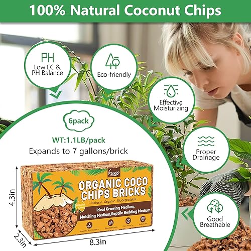 Miniatura 2 de Legigo Paquete de 6 chips de cáscara de coco, 6.6 libras, 100 % orgánicos, mezcla de tierra para macetas con bajo equilibrio de EC y PH, sustrato de