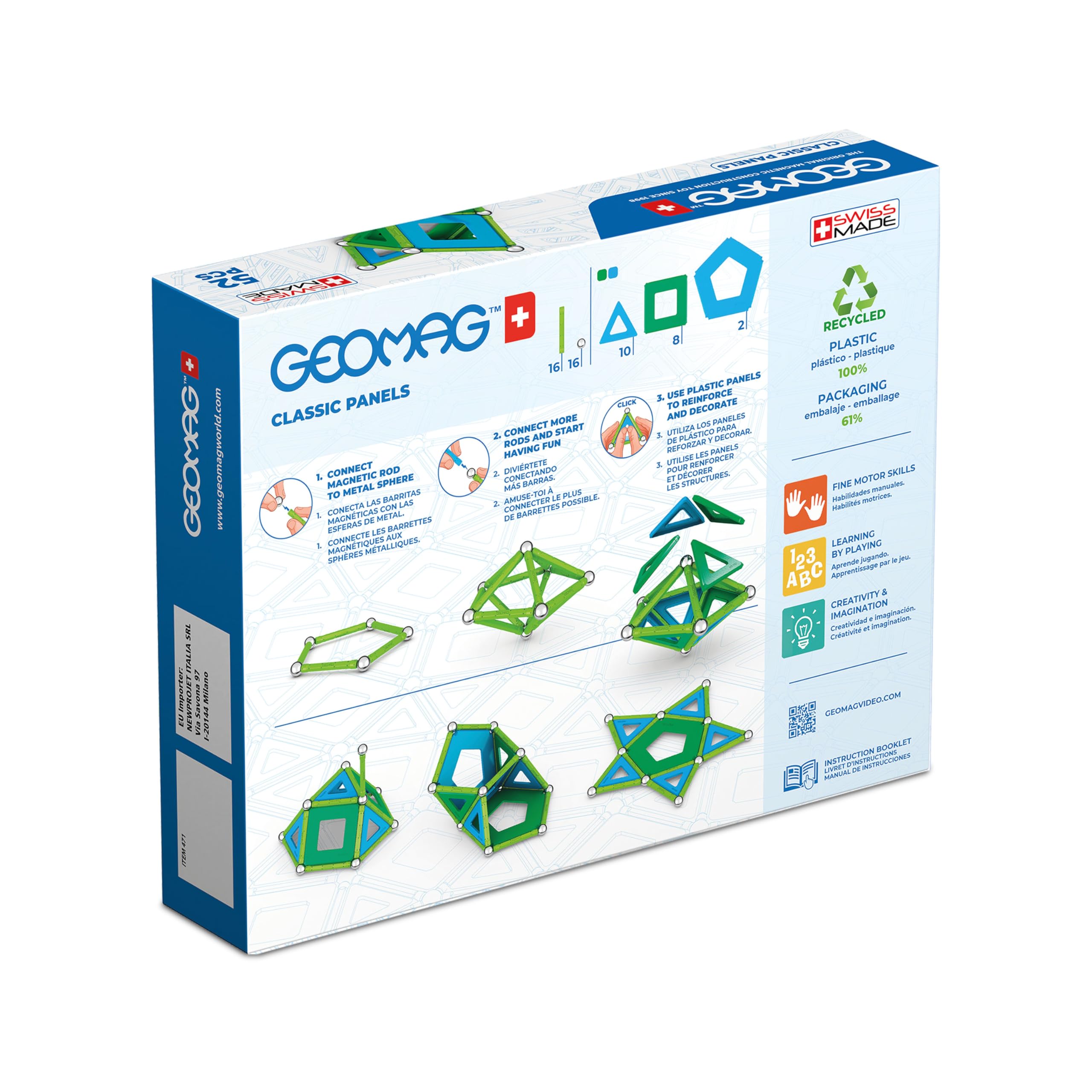 Geomag - Classic Panels 52 Pezzi - Costruzioni Magnetiche per Bambini - Linea Green - 100% Plastica Riciclata