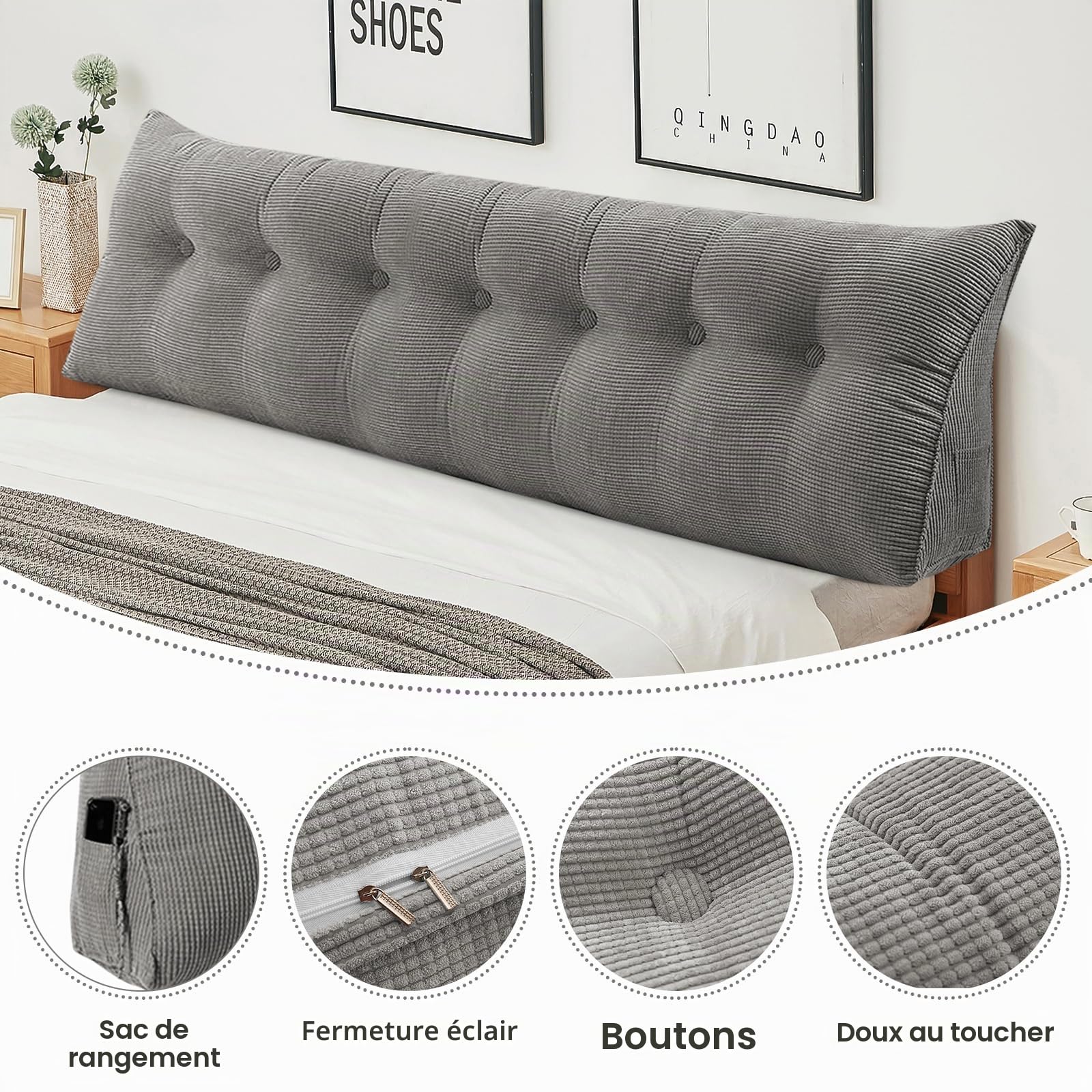 OHMG 200CM Coussin de Lecture pour Lit,Coussin Dossier Canapé, Coussin Compensé Triangulaire,Coussin Lombaire en Coin,Support De Positionnement,Doux et Confortable,Coussins de Dossier pour lit