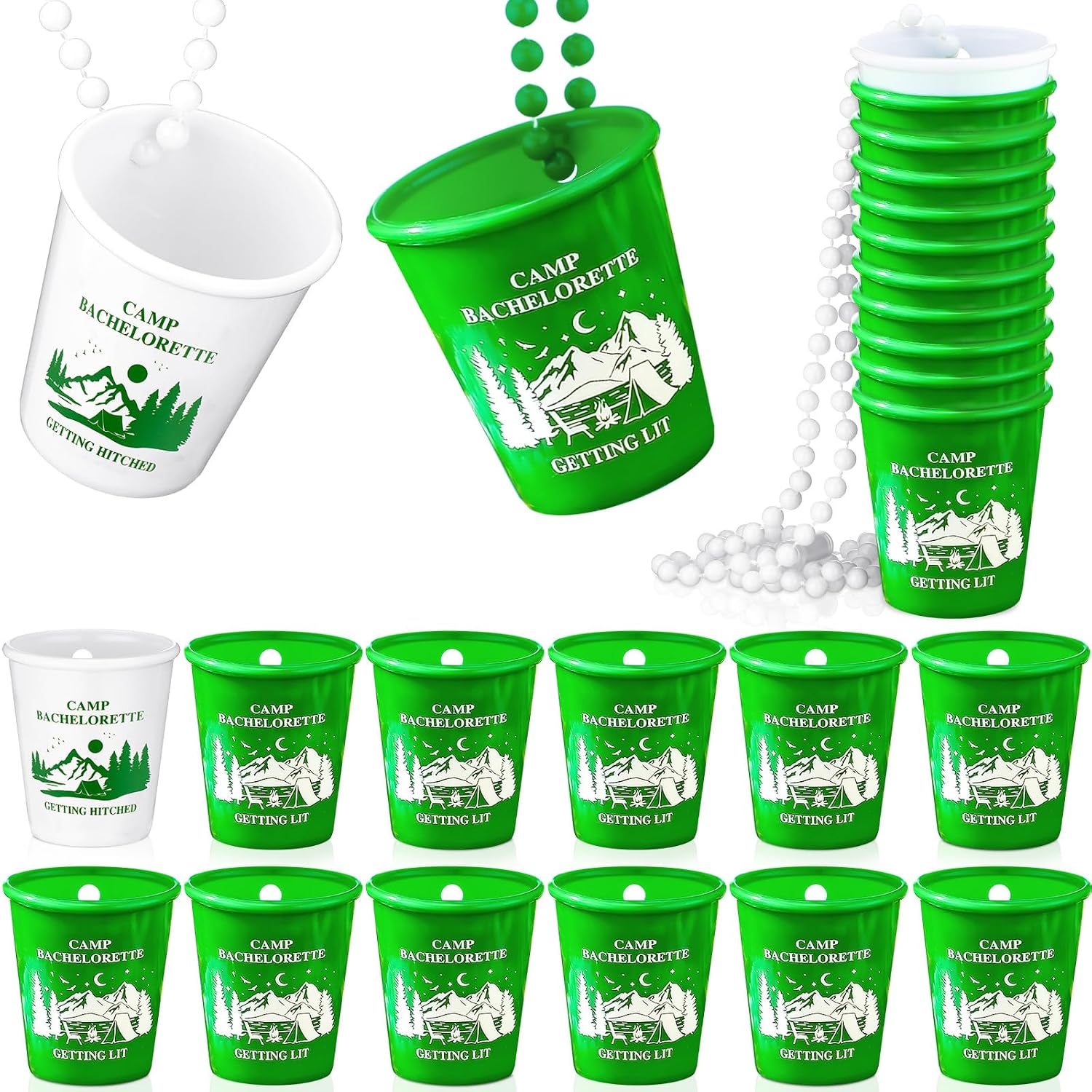 Landical 12 Pcs Camp Bachelorette Party Shot Glasses Necklaces on Beaded Hitched Getting Lit Plastic Shot Necklace Cups Bachelorette Bridal Party supplies for Decorations Wedding Favors