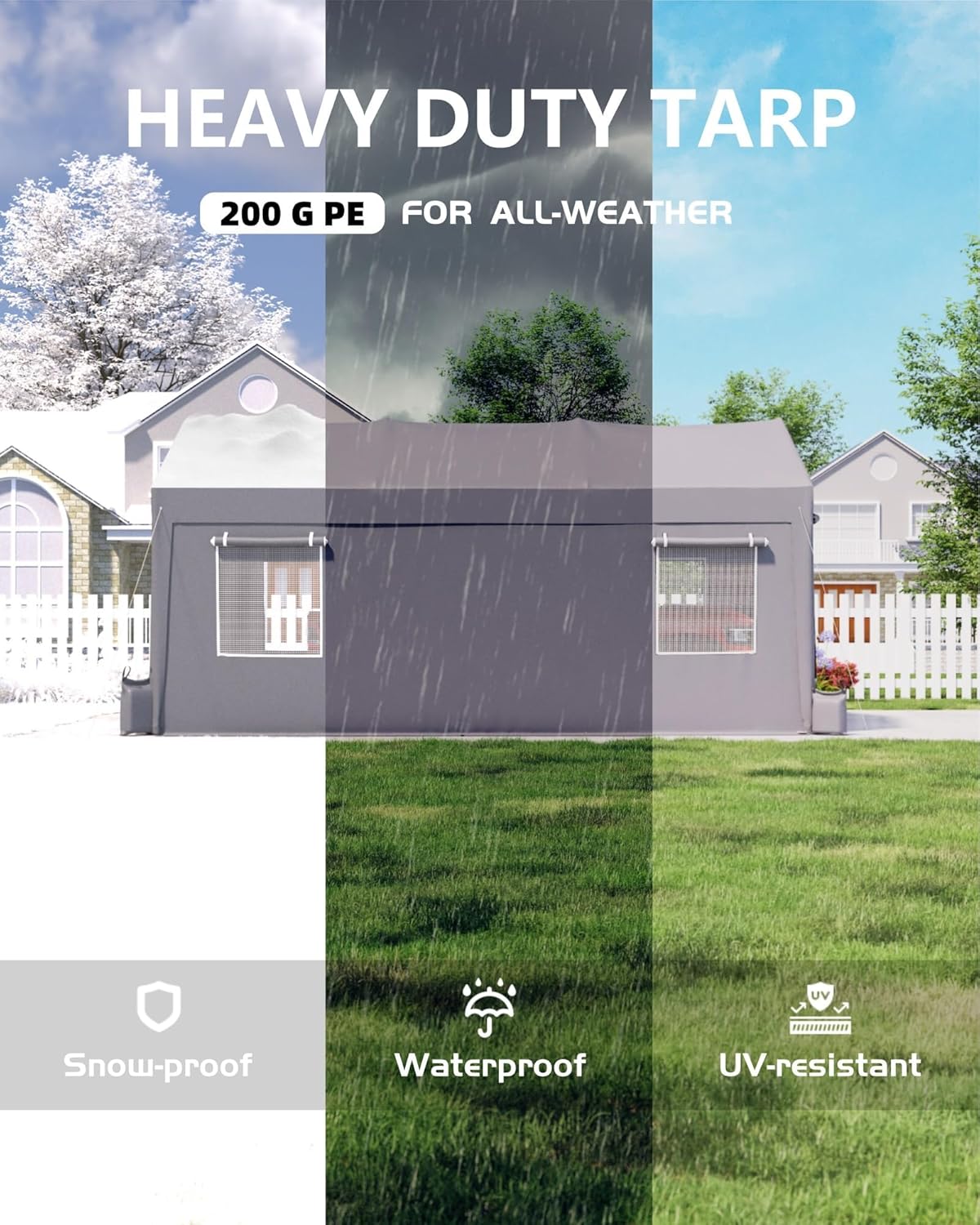 DEXSO 13x20 Carport tarp features: snow-proof, waterproof, UV-resistant