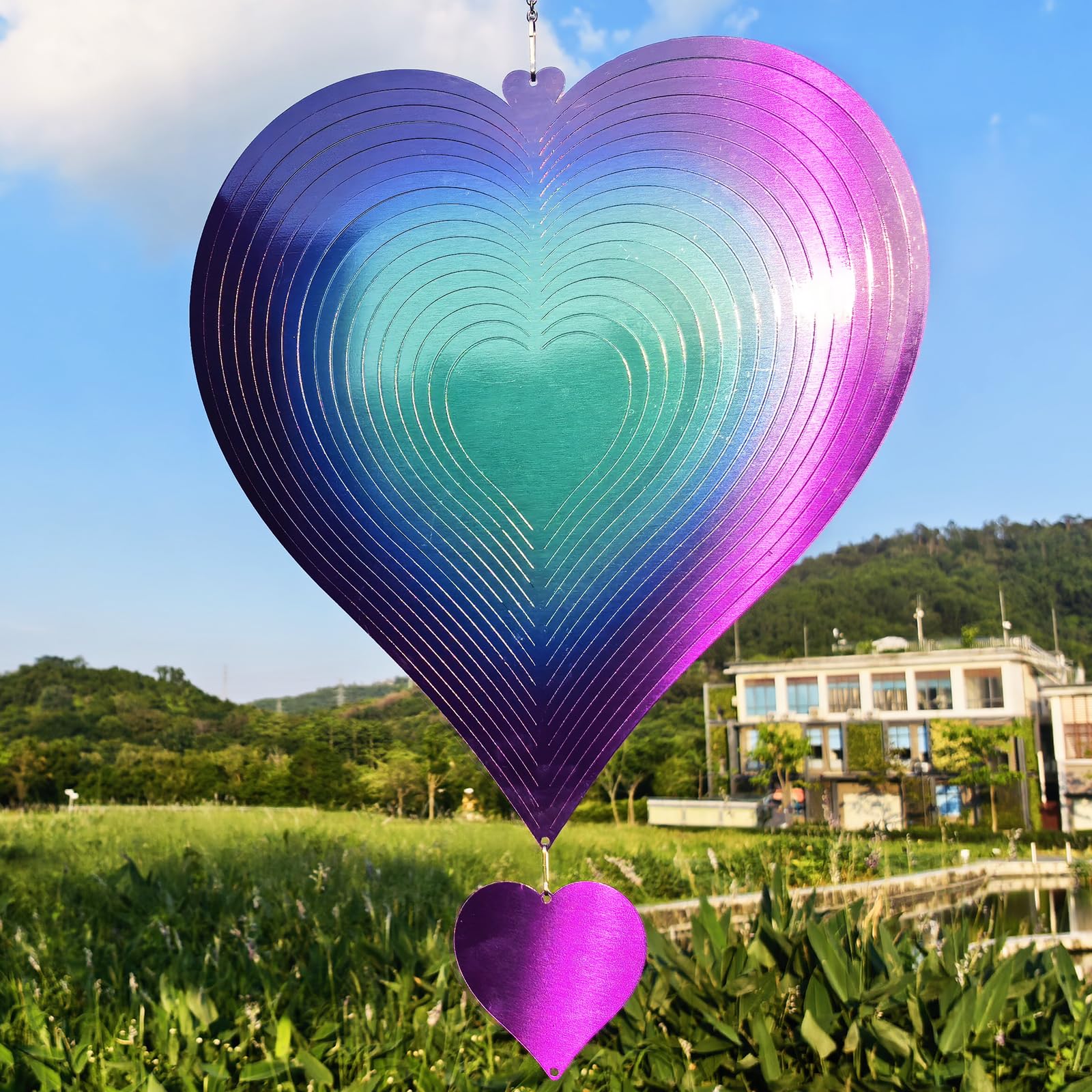 DJUAN 15in Large Heart Wind Spinner Garden Decor,Gifts for Women,Mom and Grandma,Mother's Day,Birthdays, Purple-Green Stainless Steel Hanging Yard Art Outdoor &amp; Indoor Decorations