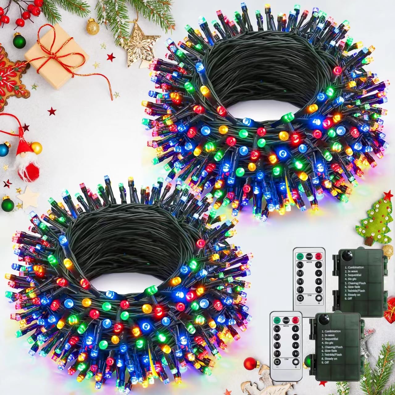 2 Pack Battery Operated Christmas Lights with Remote, Each 33ft 100 LED Battery Powered Christmas Lights Indoor Outdoor Waterproof, 8 Modes Muticolor Battery Christmas Lights for Christmas Decorations