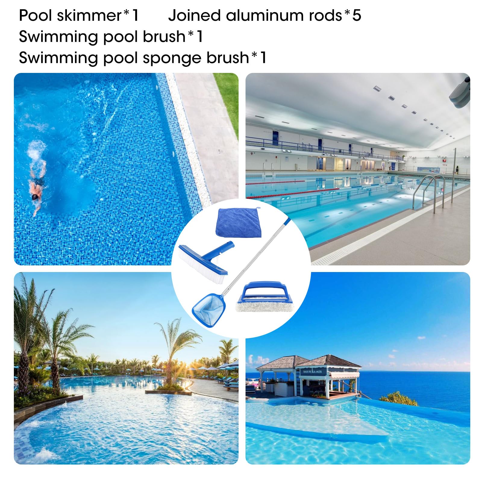 Pool Netz Poolkescher mit Teleskopstange 146cm Lang, Poolbürste und Putztüche für Schwimmbad, Spas, Teich, Whirlpools, Planschbecken