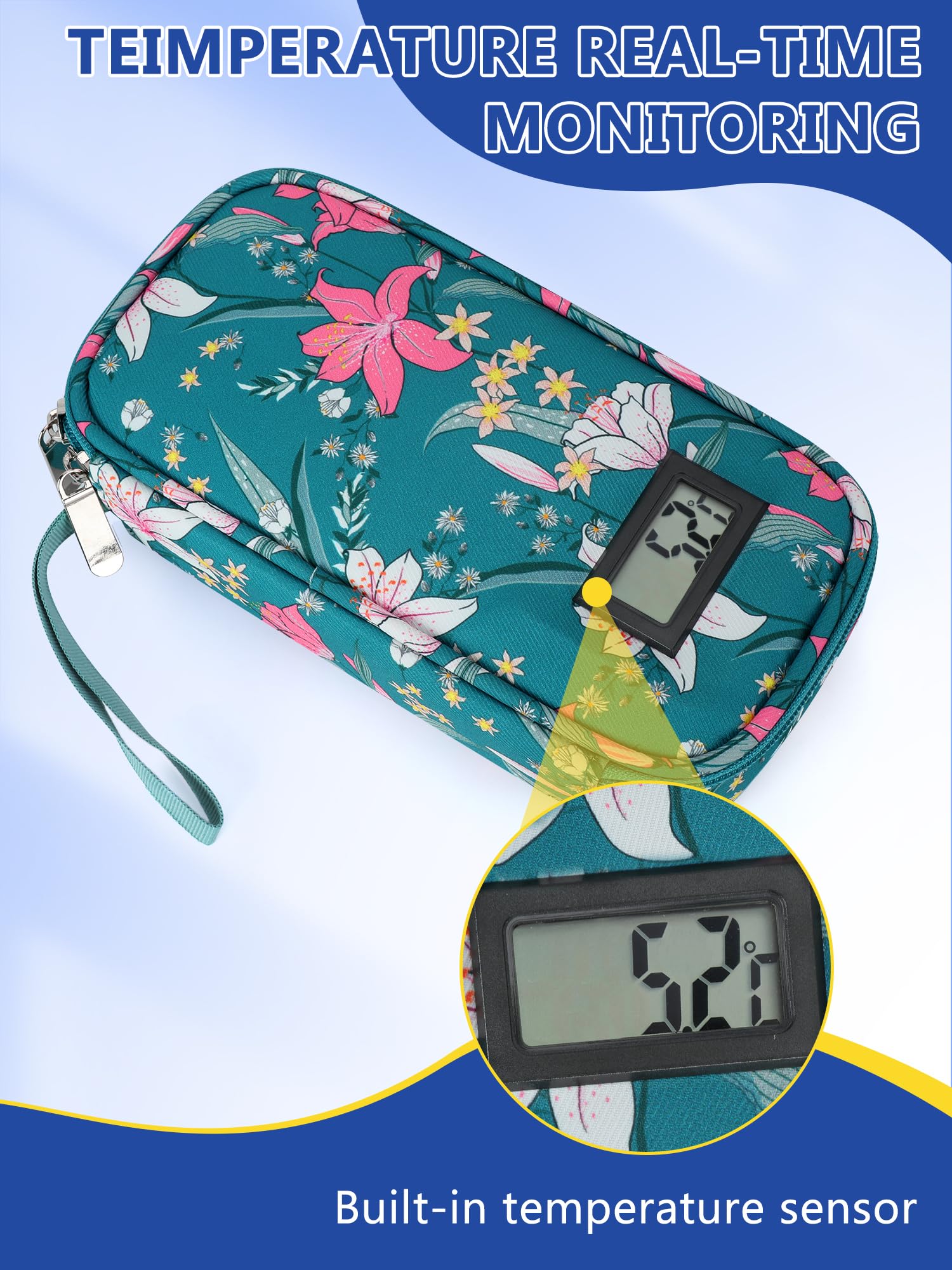 YOUSHARES Trousse Isotherme Insuline - Sac Isotherme Medicament Voyage pour Diabetique Affichage de la Température, Pochette Isotherme Insuline Injection avec Poche Glacière pour Stylo, Lys
