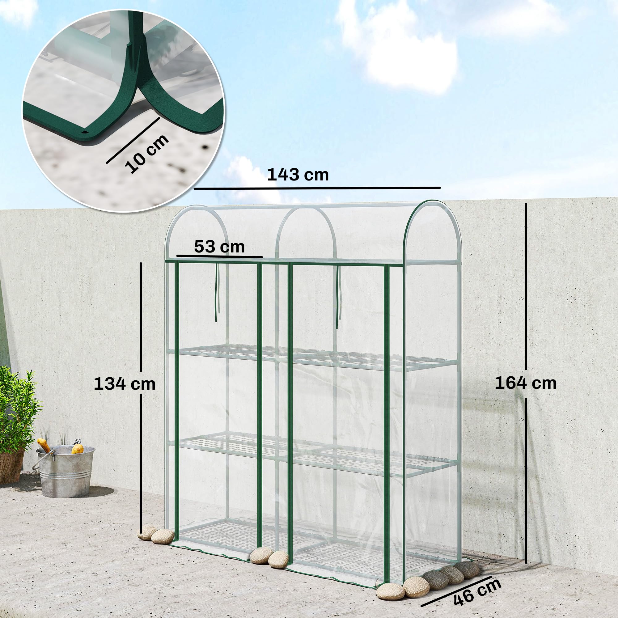 Outsunny Invernadero Pequeño de 3 Niveles, Invernadero de Exterior con 2 Puertas Enrollables, Marco de Acero y Cubierta de Plástico Anti-UV para Cultivar Plantas, Flores, 143x46x164 cm, Transparente