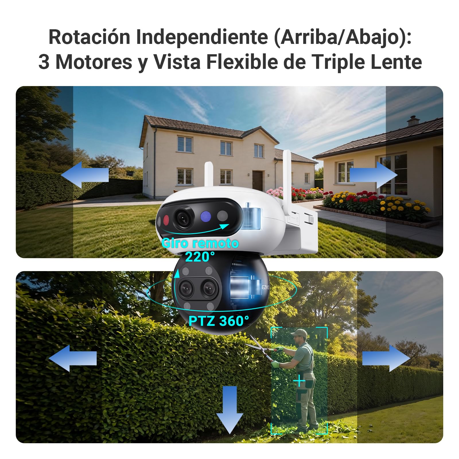 EZVIZ C90f Triple Cámara Vigilancia Exterior WiFi 6, 3K Cámara Triple Lente 360° con Zoom Mixto 12x, Motor Triple, Detección de Humanos/Vehículos IA, Reconocimiento Facial, Visión Nocturna en Color