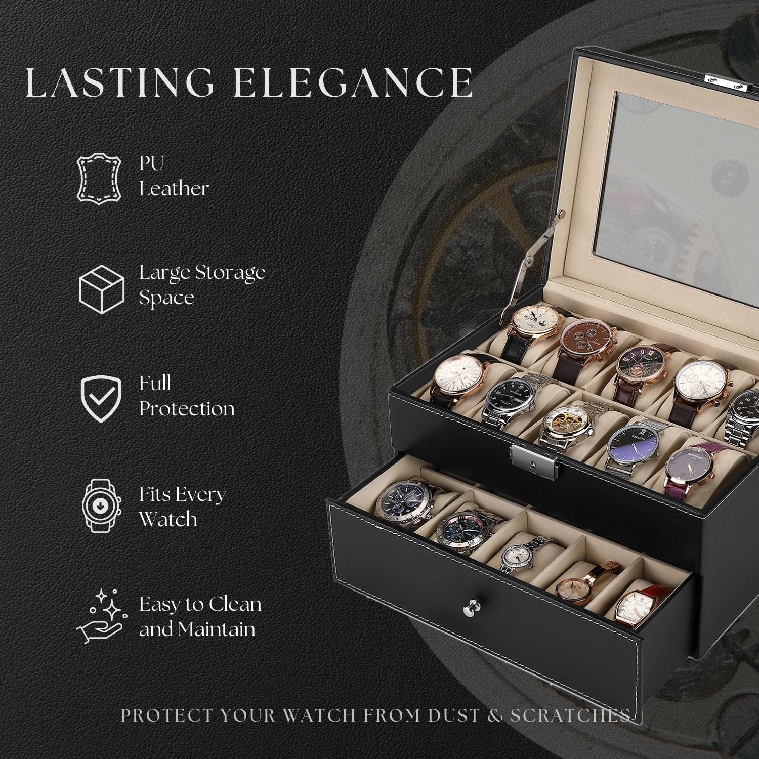 Flexzion Caja organizadora de relojes para hombres y mujeres, caja de almacenamiento de relojes con 20 ranuras con pantalla de cristal superior y almohadas extraíbles en cada ranura, fundas de reloj
