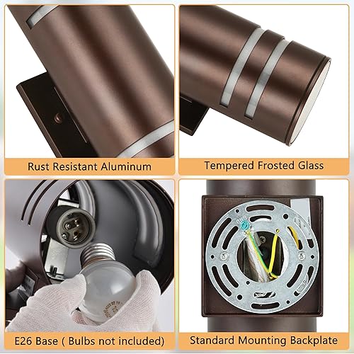 Miniatura 4 de Paquete de 2 lámparas de exterior IP54 impermeables con certificación ETL, luces de pared para exteriores, lámpara exterior de aluminio de bronce