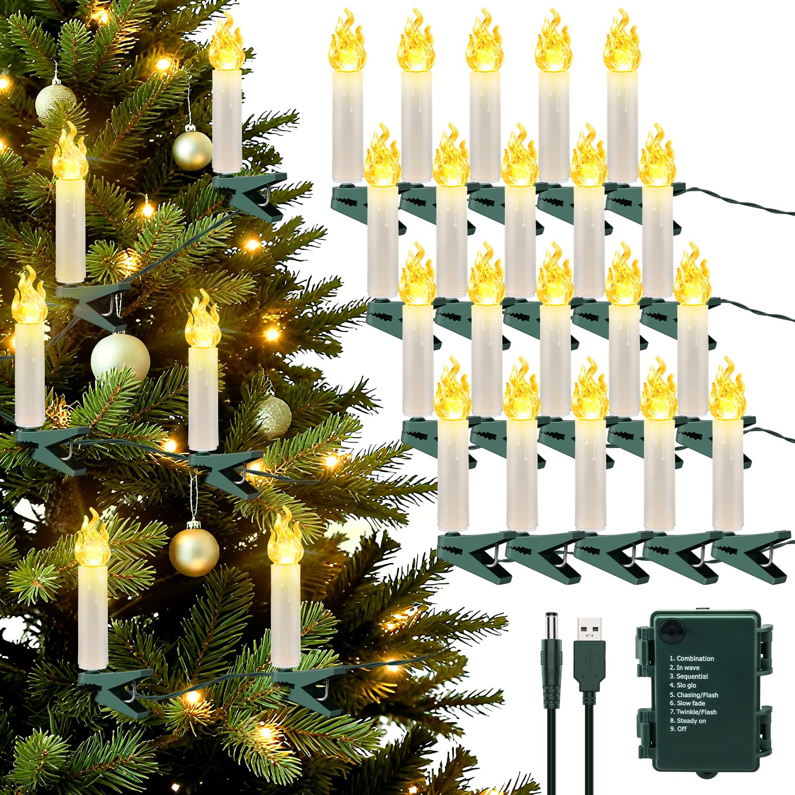 cshare Christmas Tree Candles Lights, 7M 20LED Clip on Flameless Candle Lights USB/Battery Operated with Timer 8 Lighting Modes Waterproof for Window Fireplaces Christmas Tree Decorations, Warm White