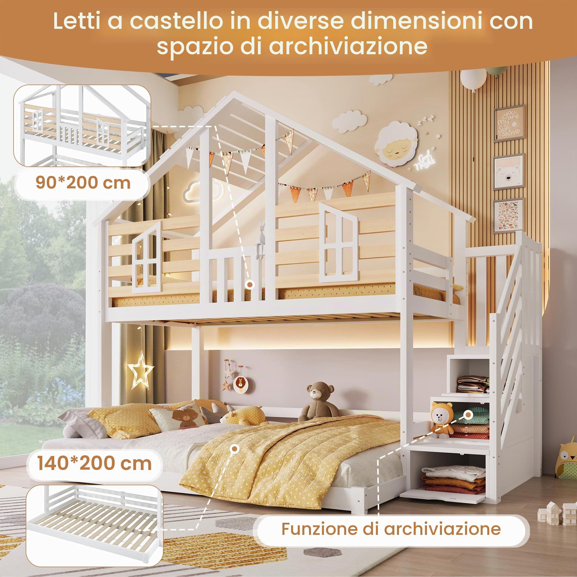 Letto a castello, 90x200cm + 140x200cm, design a casa, design con finestra, scaletta contenitore, letti di varie misure, senza materasso, bianco + naturale((Bianco + Naturale)-B)