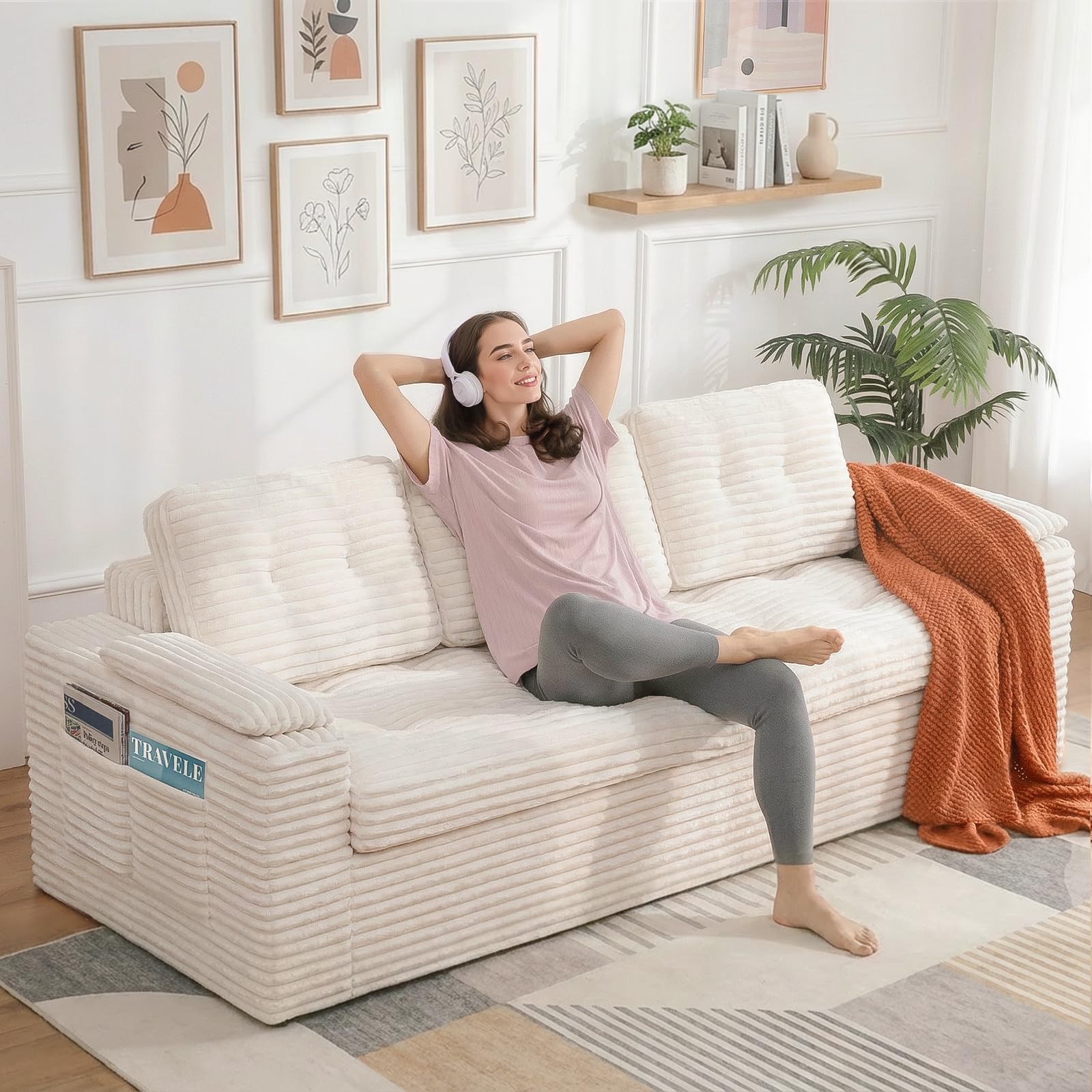 Fabulcozy 83" Boneless Couch, 3-Seater Cloud Corduroy Sofa in a Box with Deep Tufted Cushions, Zero Assembly, Removable Washable Cover,