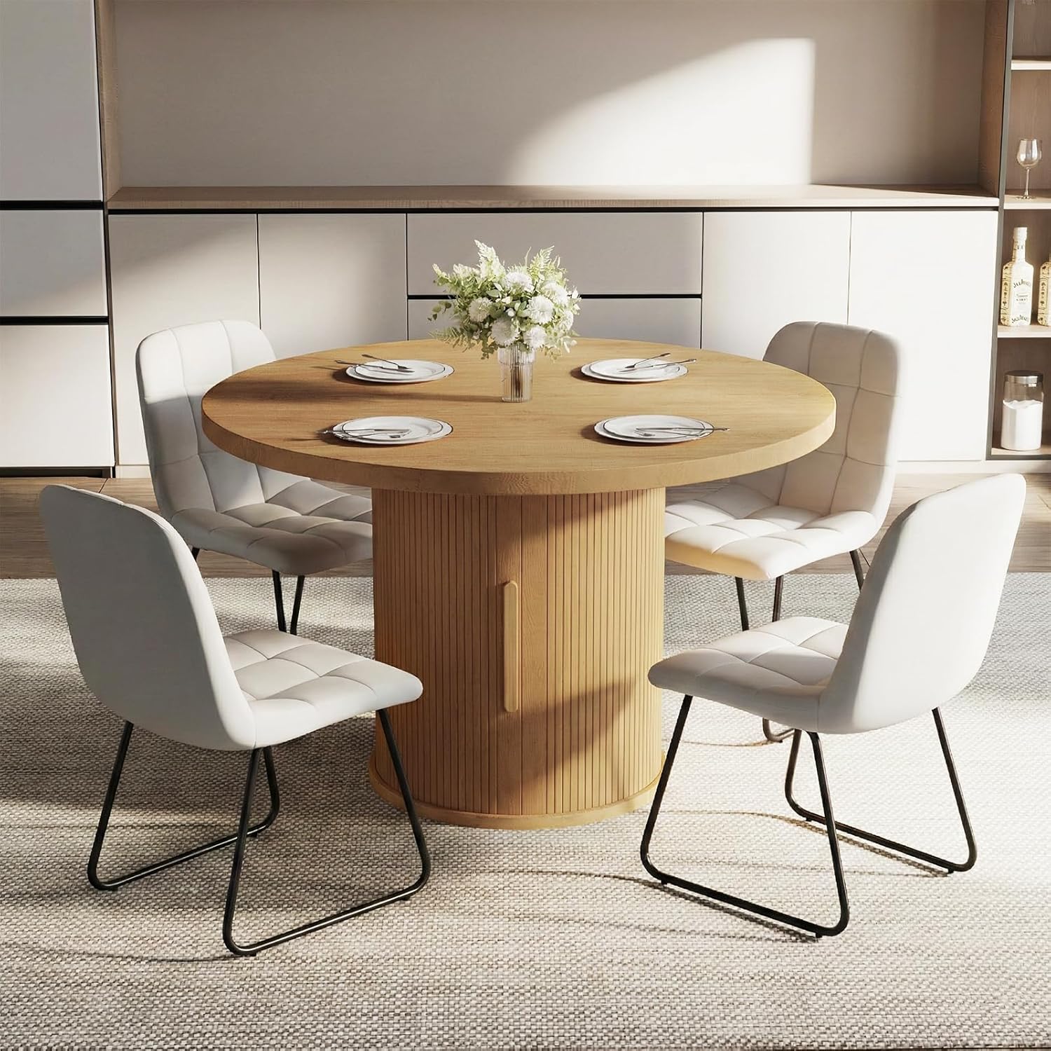 5-Piece Dining Set for Small Spaces 43.3" Round Table & 4 PU Leather Chairs, Modern Farmhouse with Storage Shelf, Apartment Kitchen Easy Assembly (Natural Color Round Table + 4 Modern White Chairs)