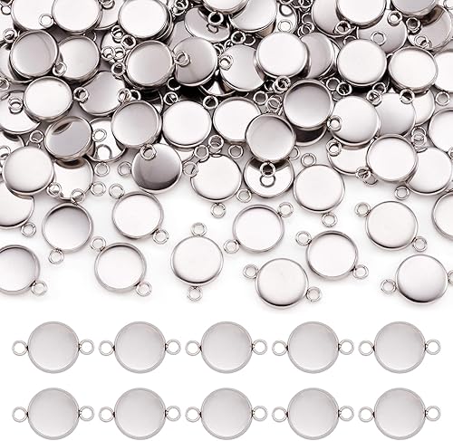 Miniatura 15 de Craftdady 100 conectores colgantes de bandeja de bisel de 0.98 pulgadas (0.984 in), color blanco cameo redondo, cabujón de acero inoxidable, doble