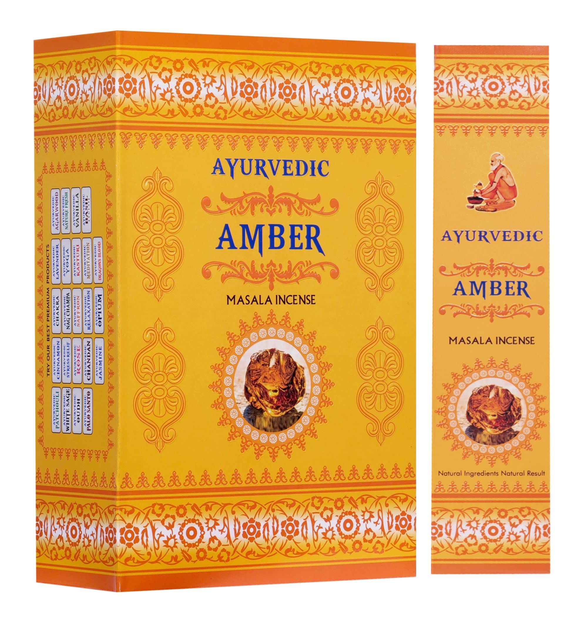 Ayurvedic Amber Masala Incense Stick (12 Packs x 15 Sticks) Natural Hand Rolled Agarbatti for Puja, Freshness, Yoga & Meditation | Floral Fragrance | Pooja Room Items for Home & Prayers