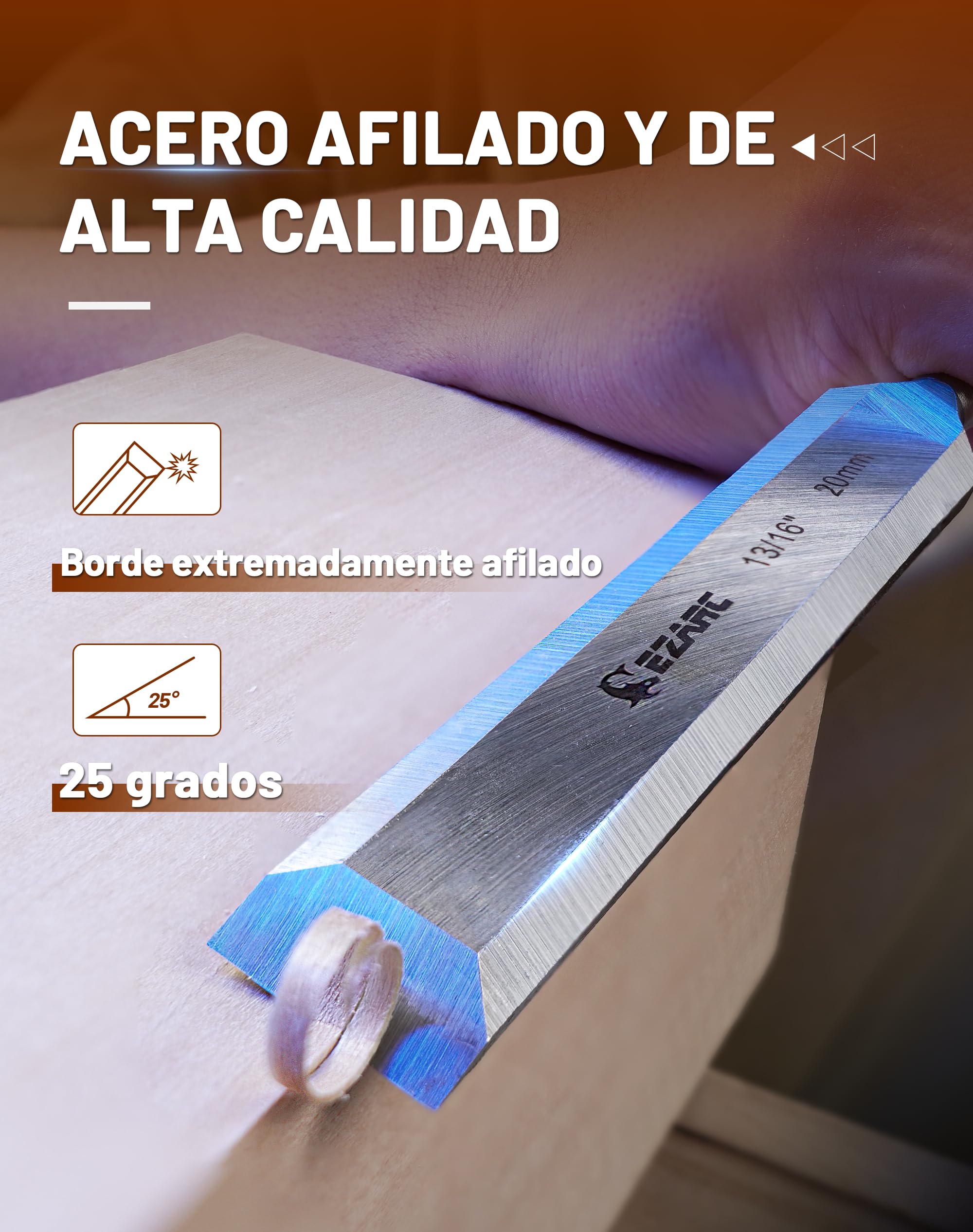 EZARC Juego de 6 Cinceles para Madera, Acero Cromo-Vanadio y Mango de Madera con Estuche de Madera