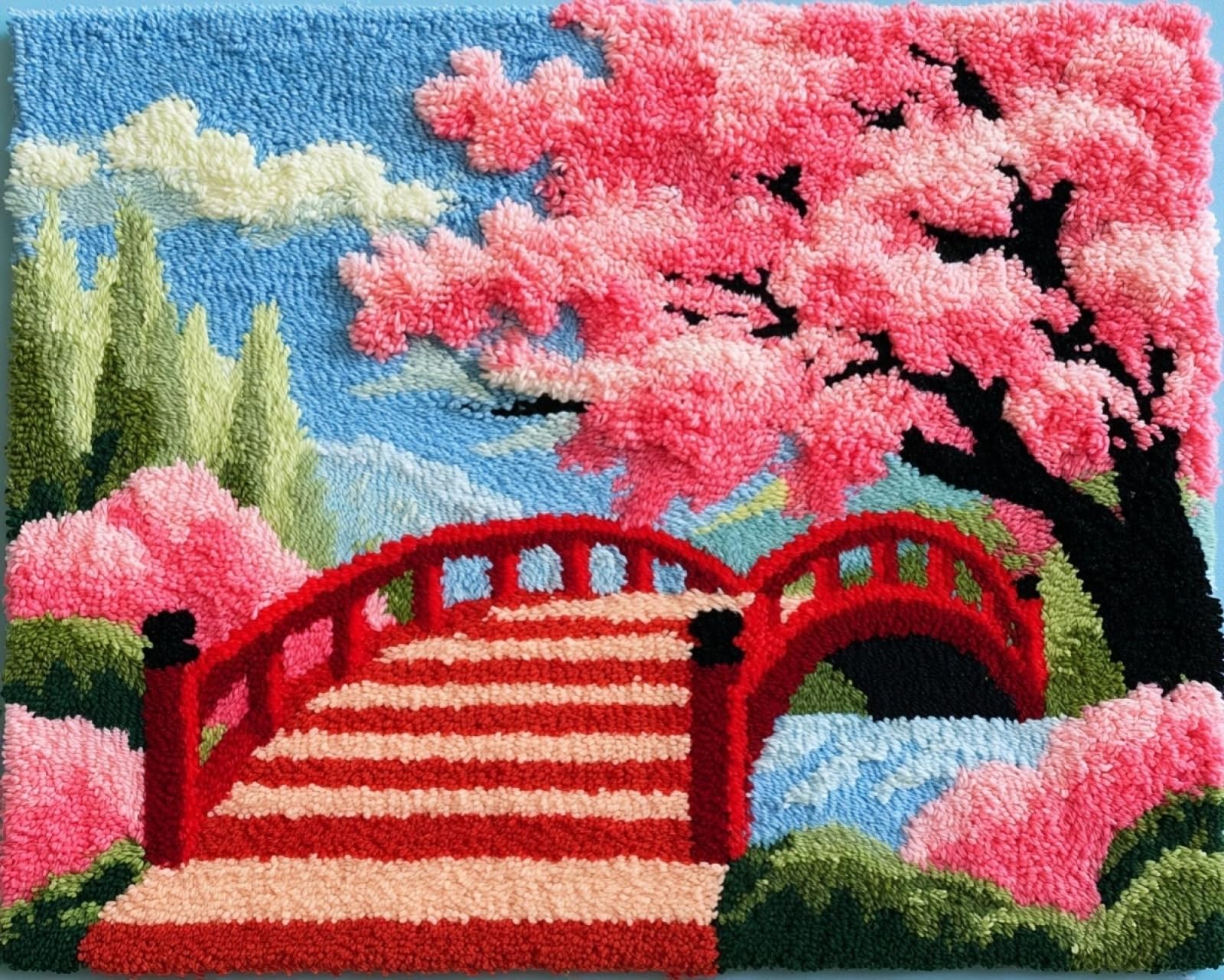 Latch Hook Rug Kits for Adults,Cherry blossom trees on the arched bridge