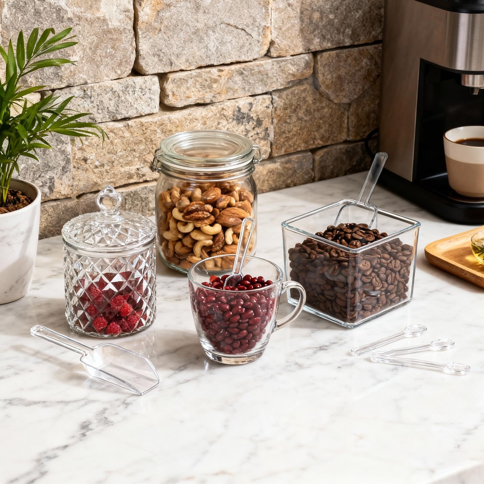 12 Paletta Piccola Trasparente, Strumento Multiuso per Chicchi di Caffè, Cereali, Ghiaccio, Condimenti, Paletta Mini Resistente in Plastica Chiara, Facile da Pulire