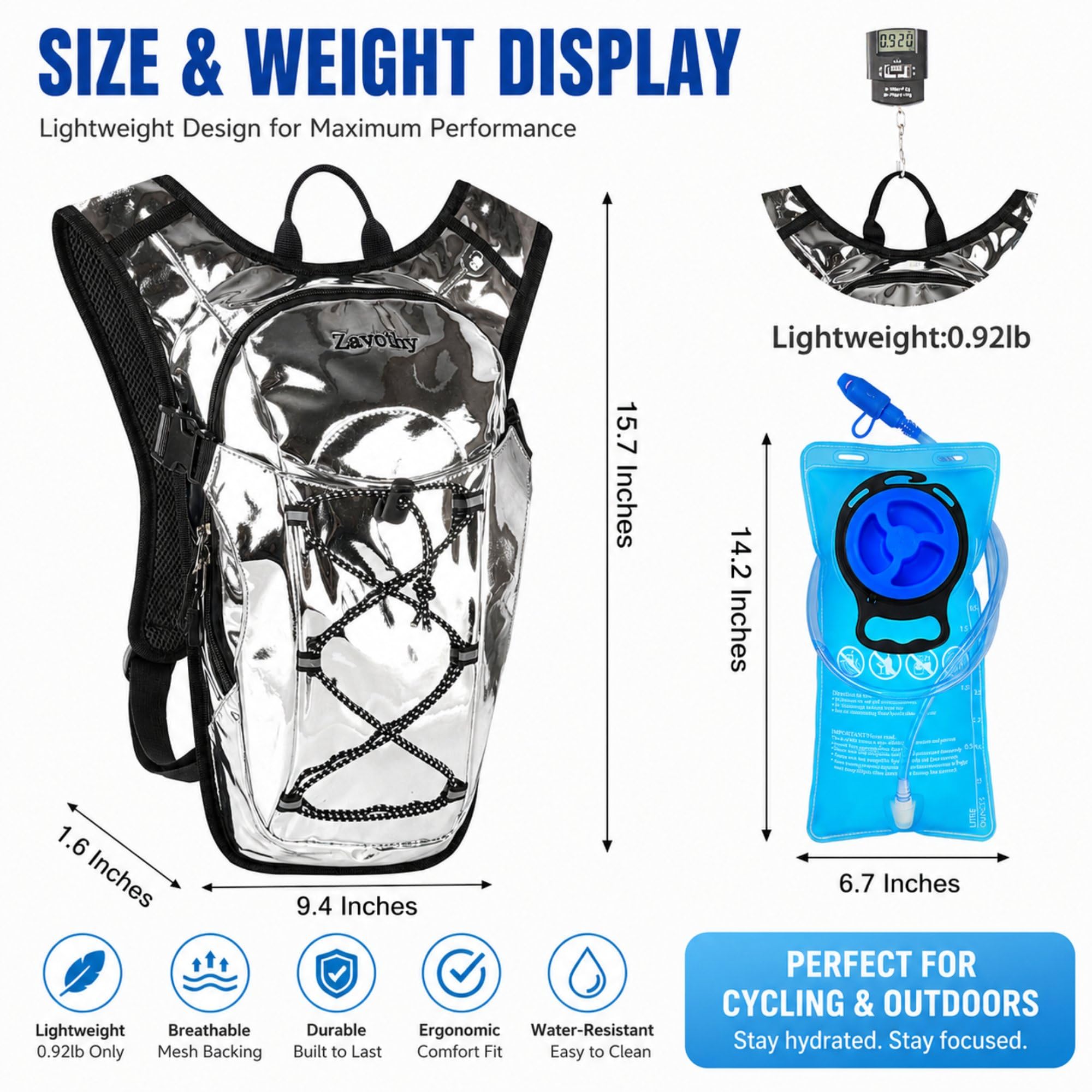Zavothy Zaino da idratazione leggero per rave per ciclismo, corsa, zaino per idratazione zaino da trekking con sacca d'acqua da 2 l, argento