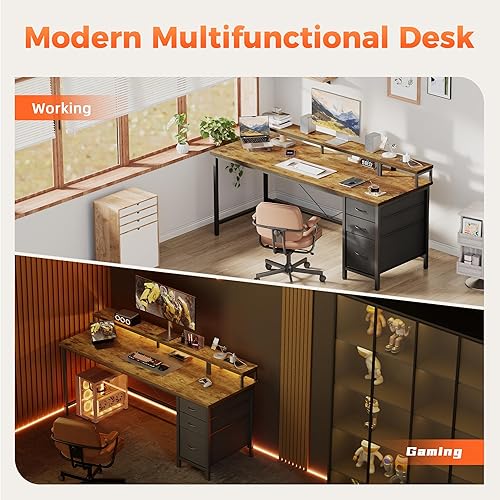 Miniatura 6 de Escritorio de computadora Mericonia de 55 pulgadas con tomas de corriente y luces LED, escritorio para juegos con 3 cajones para oficina en casa,