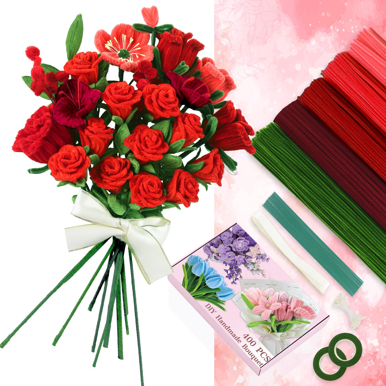 Pipe Cleaners Flower 400 Pcs Pipe Cleaners Craft,5 Assorted Colors Pipe Cleaners Bulk, Chenille Stems for DIY Flower Making Kit with Floral Wires, Gardening Tape,Stamen& Ribbon (Red)