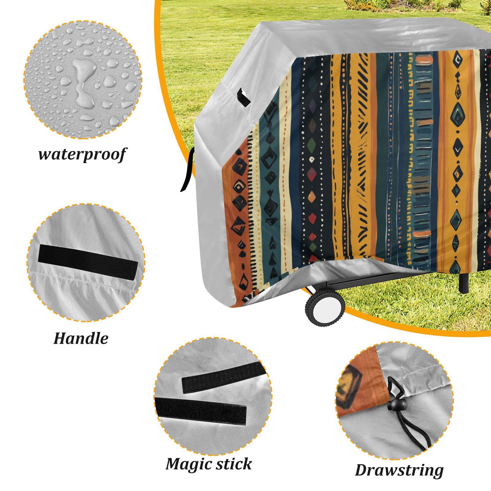 Pionowe paski boho retro pokrowiec na grilla 150 cm wodoodporny wytrzymały odporny na rozdarcie odporny na blaknięcie materiał pokrowiec na grilla z regulowanym sznurkiem na kurz i wiatr