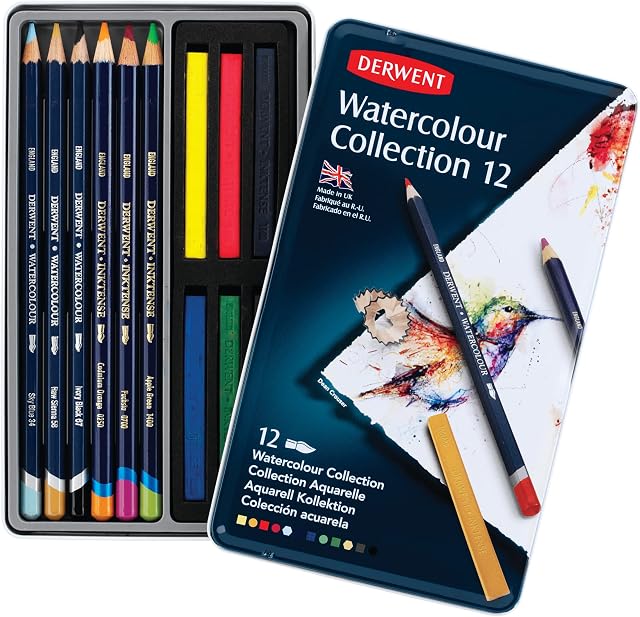 Derwent Watercolour Collection Sampler Kit, Painting & Drawing, Drawing Set Of 12 Watercolour Pencils & Blocks, Includes Inktense, Professional Quality, 0700303