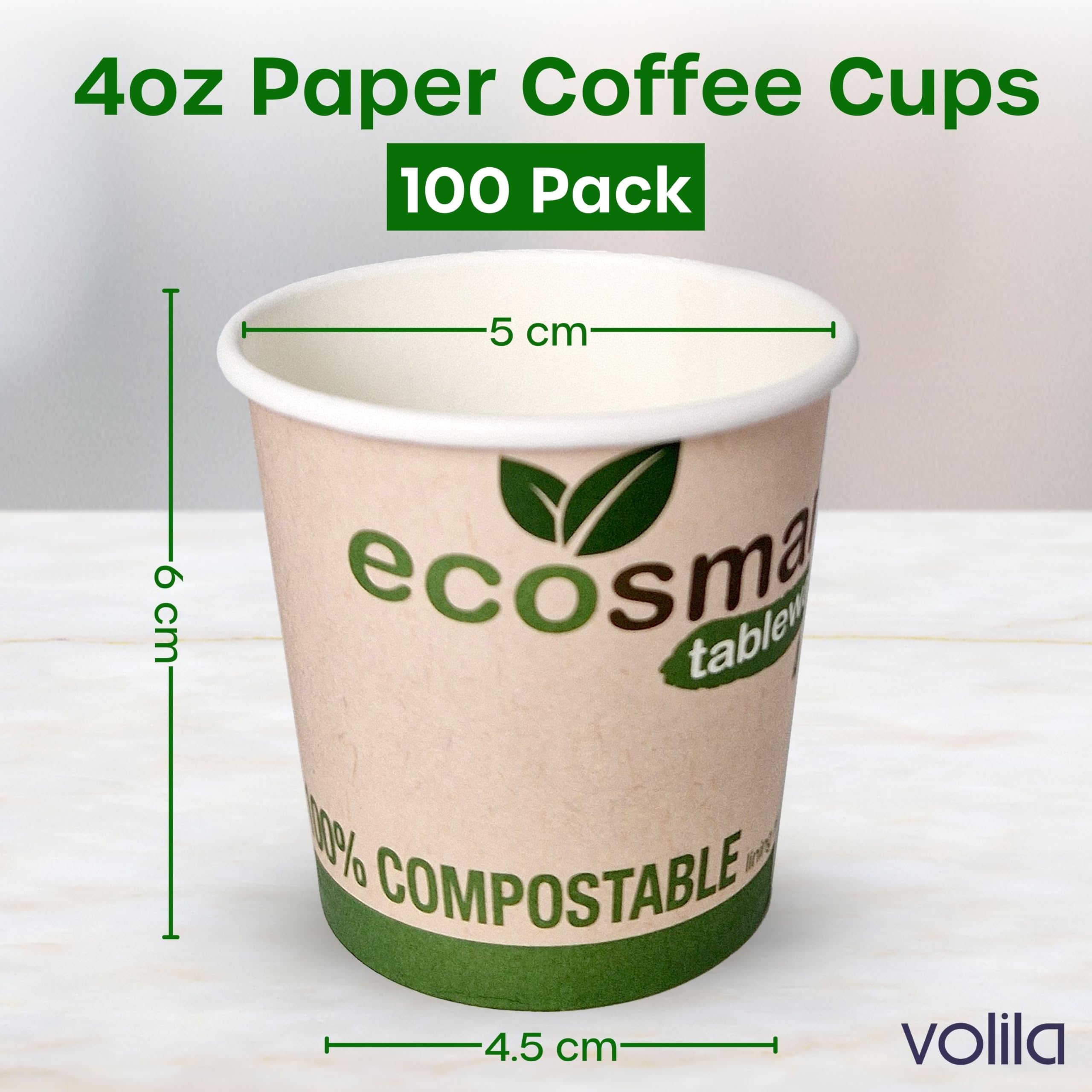 volila Paper Coffee Cups 100 Pack, 4 Oz Recyclable Cups, Disposable Coffee and Tea Paper Cups - Image 2