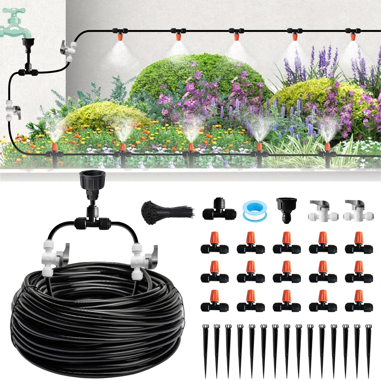 Sistema de riego por goteo de niebla para riego de jardín de 60 pies, 1/2 pulgada y 1/4 pulgadas de conexión rápida para invernadero, planta, césped, cama elevada, verduras, flores. Aspersor rociador