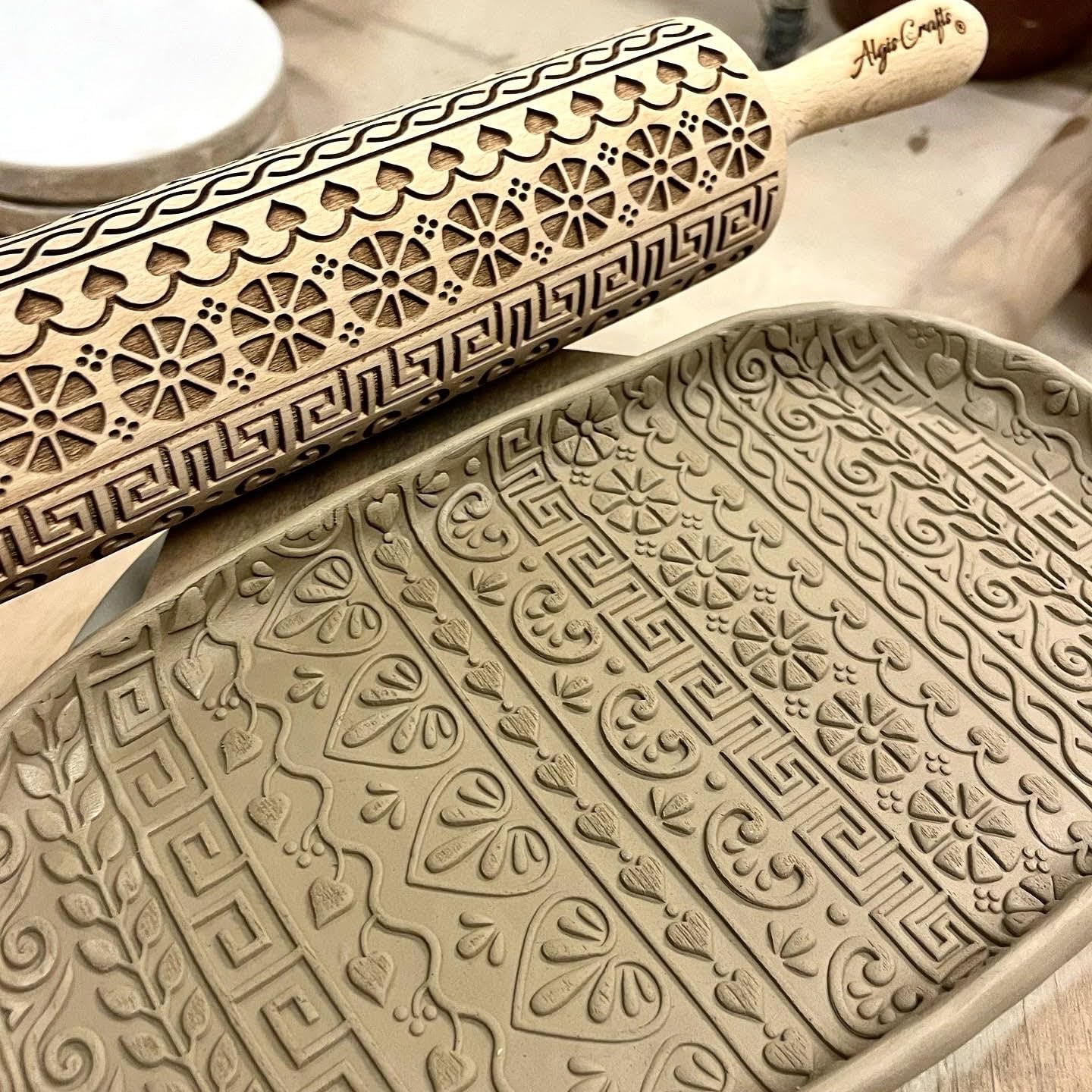 GREEK Embossed Rolling Pin. Wooden Rolling Pin with Greek Pattern for Embossed Cookies by Algis Crafts, Beige