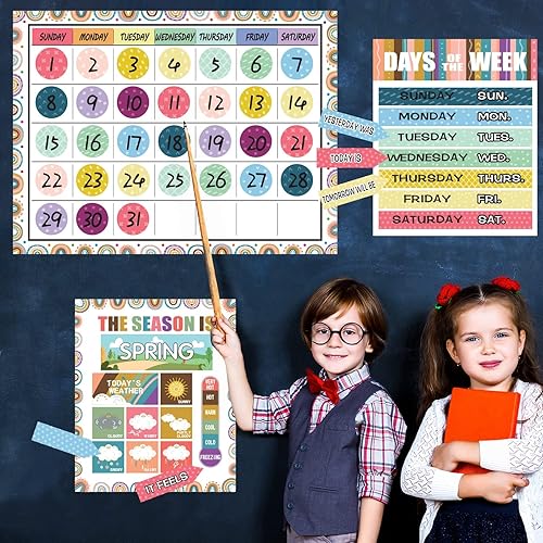 Miniatura 6 de Juego de tablones de anuncios con calendario de arcoíris bohemio, calendario de estaciones, tabla de anuncios CTP y decoración de aula con