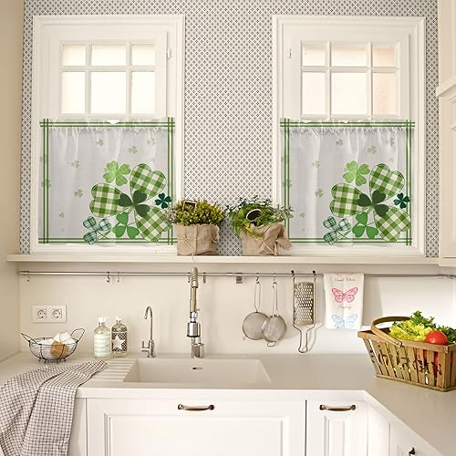 Miniatura 4 de Juego de cortinas de cocina, juego de cortinas y cenefas de cocina para el día de San Patricio, celosía verde, tréboles de la suerte, cortinas de
