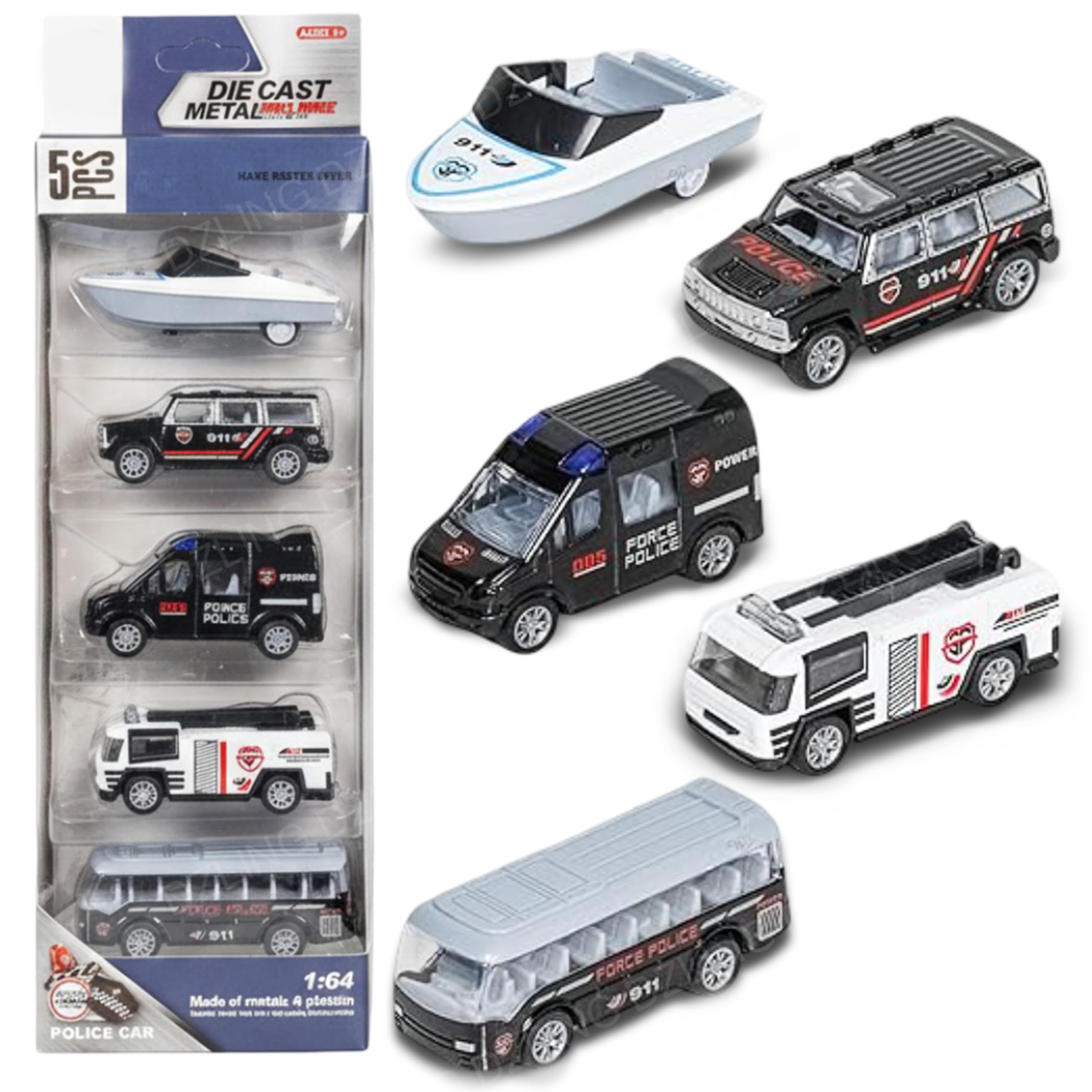 DZLING Die Cast Metal Toy Cars Set for Kids (5 PCS) | 1:64 Scale Emergency, Police, Fire & Construction Vehicles | Pull Back Action | Kids Toys for Boys Age 3+ (Police Control Vehicle)