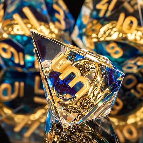 Miniatura 5 de OUKELANWO Magic Lord Rings DND Juego de dados con caja, 7 piezas LOTR D&D para juegos de rol, dados poliédricos de resina de borde afilado azul y