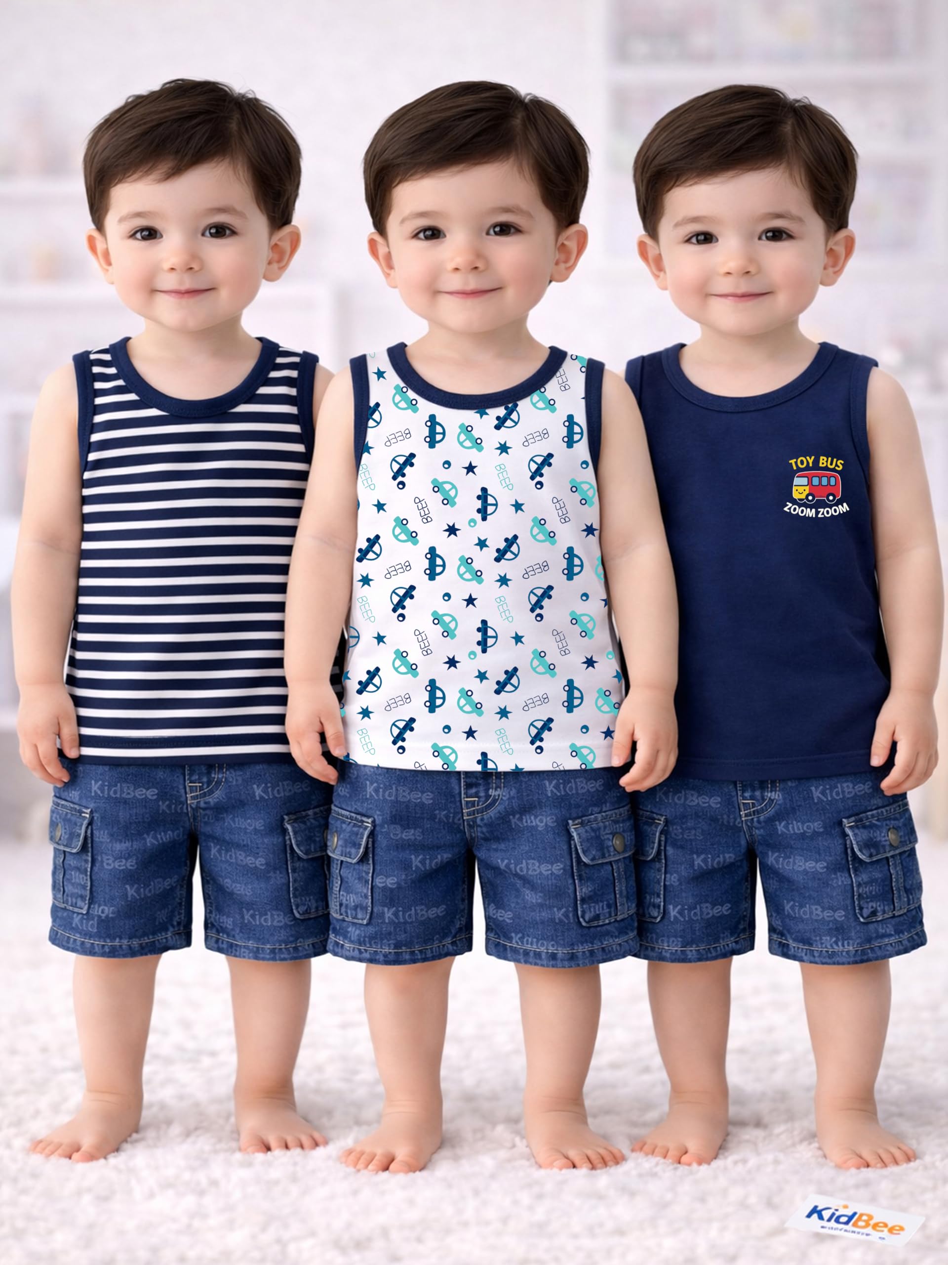 kidbee Kids Cotton Sleeveless Vest Baniyan Pack of 3 | Soft Breathable Printed & Solid Tank Tops Innerwear for Boys & Girls-picture-16