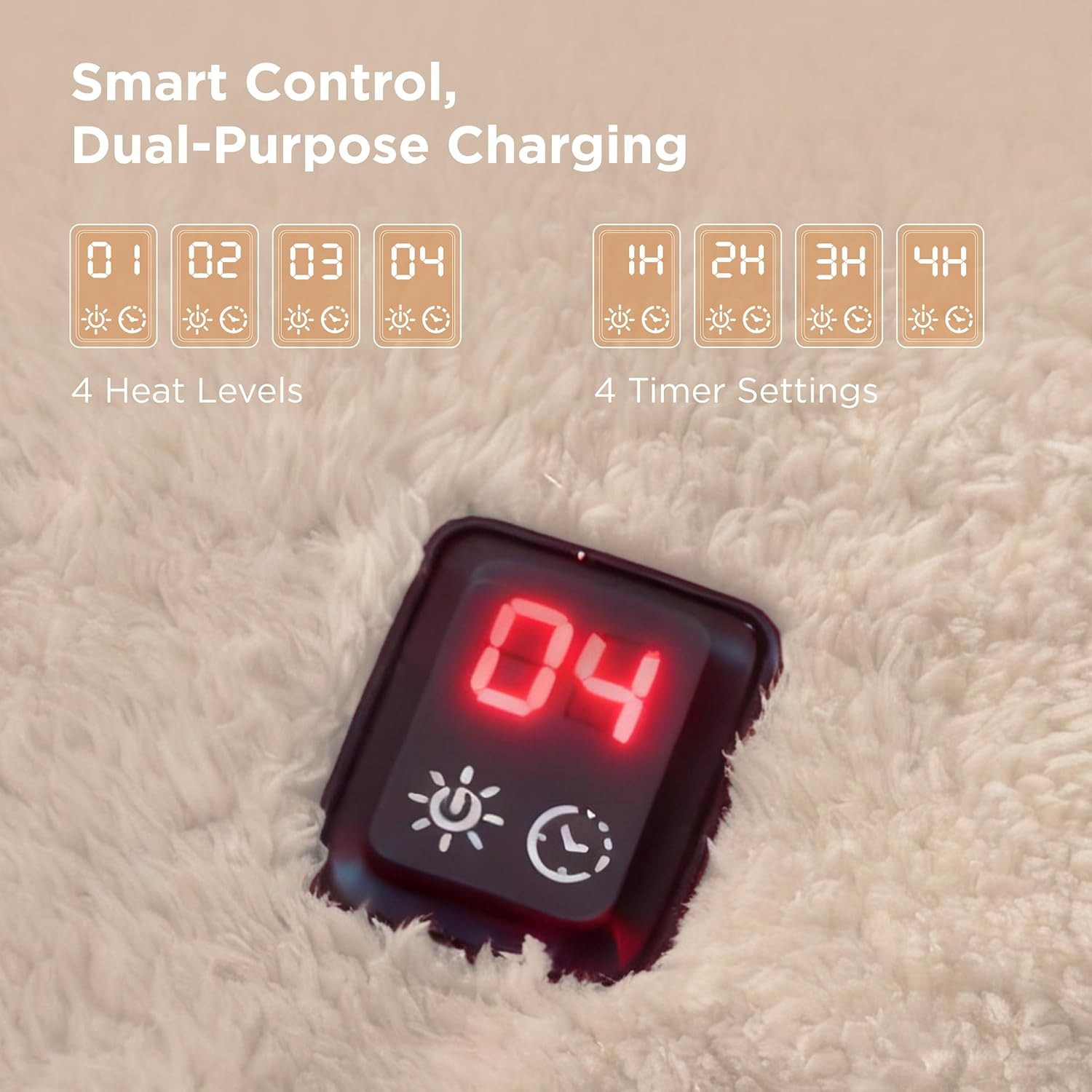Bedsure Cordless Wearable Heated Blanket - Fluffy Electric Blanket Hoodie with 20000mAh Battery Pack, Portable USB Heated Shawl as Winter Gifts for Women Mom, 4 Heat Levels & 4 Timers, 55"x69", Cream - Image 6