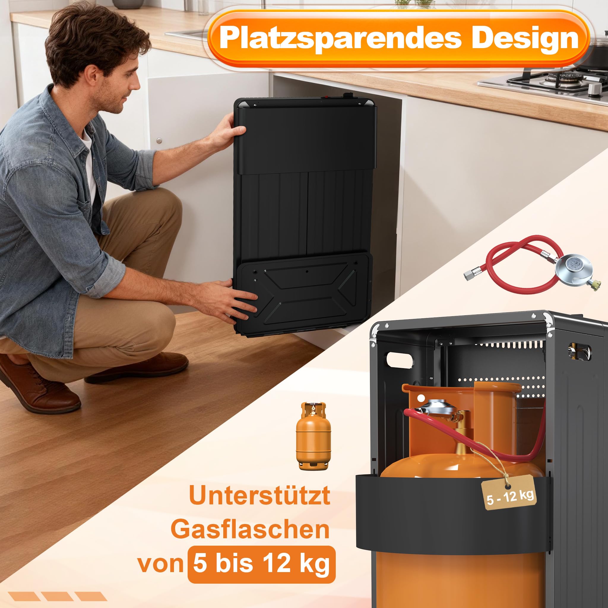 FIVMEN Gasheizung für Innenräume 4200W Keramik Gasheizer Heizstrahler 3 Heizstufen Gas Heizung Gasofen Gasheizgerät inkl. Griff, Rad & Gasschlauch bis 12 kg, Schwarz