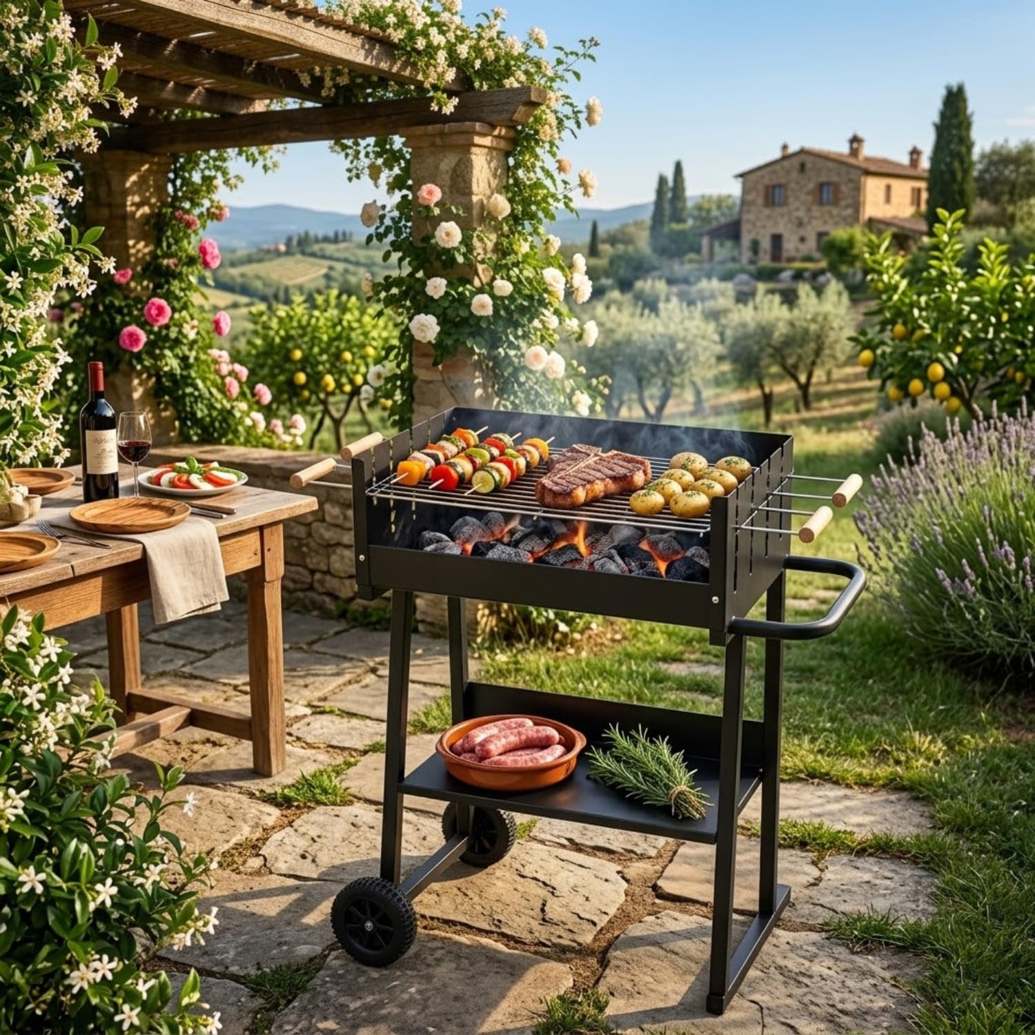 Barbecue A Carbone Con Griglia Regolabile In Altezza Telaio In Acciaio Resistente Al Calore Ripiano Inferiore Porta Accessori E Ruote Per Giardino Terrazzo Picnic 87 x 52 x 90 Cm Nero