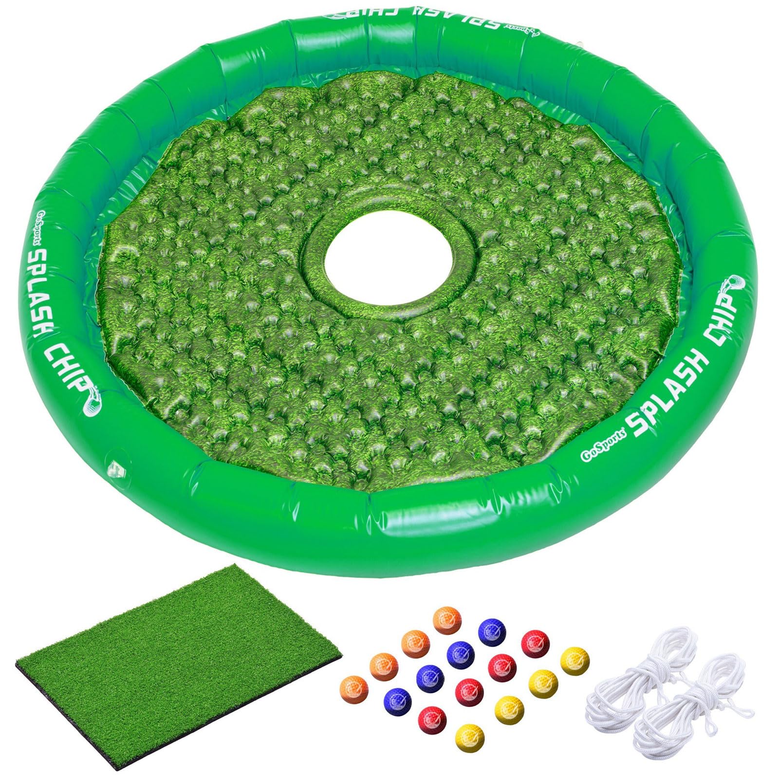 GoSports Splash Chip Jeu Flottant – Cible à ébréchures, 16 Balles de Golf en Mousse, Tapis d'écaillage, Cordes d'attache