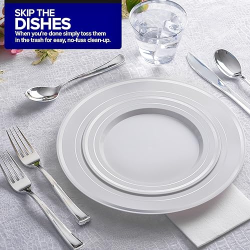Miniatura 7 de Juego de cubiertos de plástico resistente (plateado) de 75 piezas, juego de cubiertos desechables, ideal para fiestas, bodas y catering, cubiertos