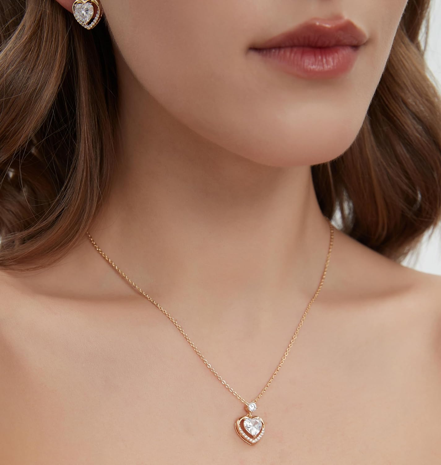 Heart Necklace and Stud Earrings Jewelry Set 14K Gold/Silver Plated Dainty Choker Charm Necklace S925 Sterling Silver Stud Birthday Gifts for Women