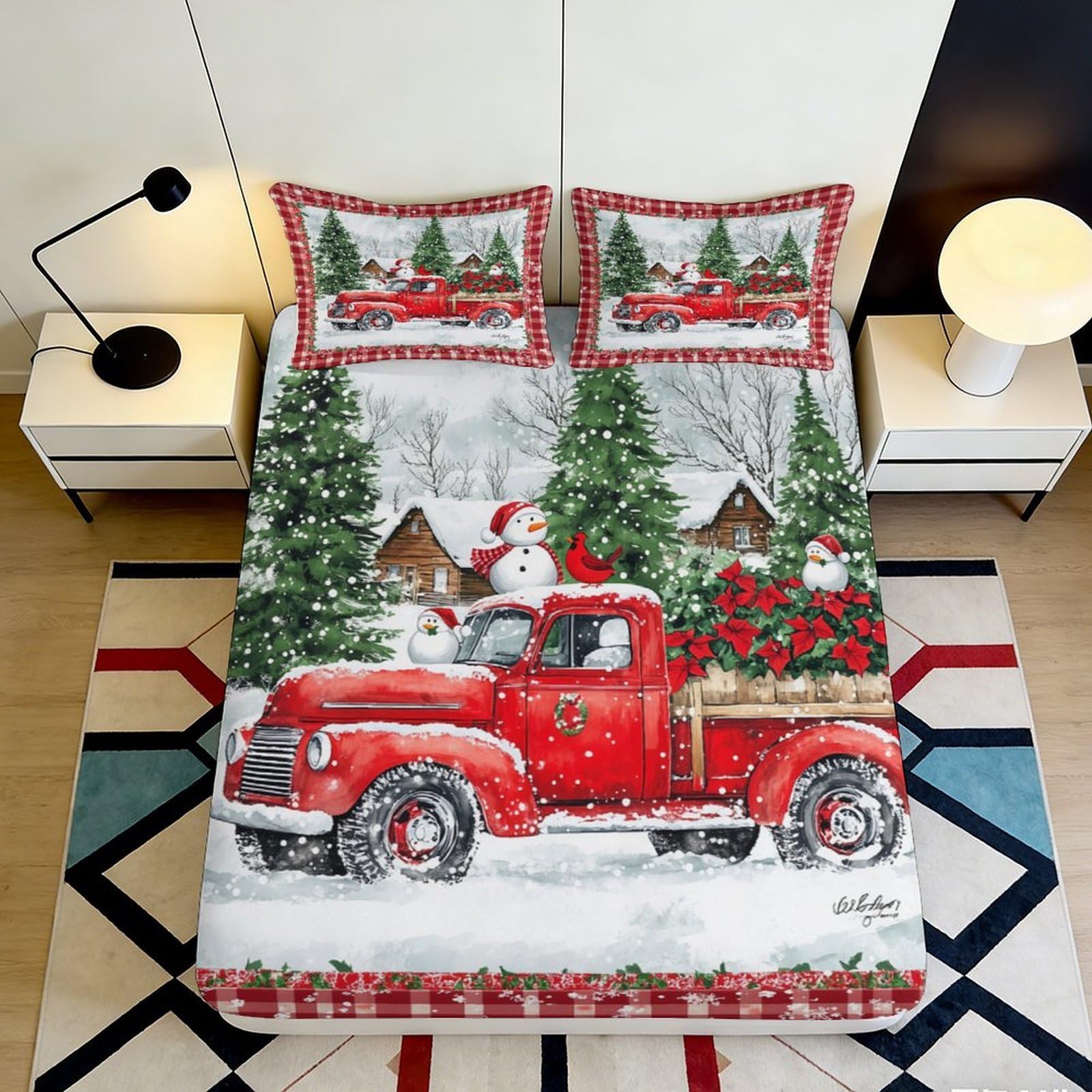 3D Printed Christmas Red Truck Fitted Sheet Microfiber Snowman Cabin Bed Cover Non-Slip Machine Washable Bedroom Decor 90x200x25cm