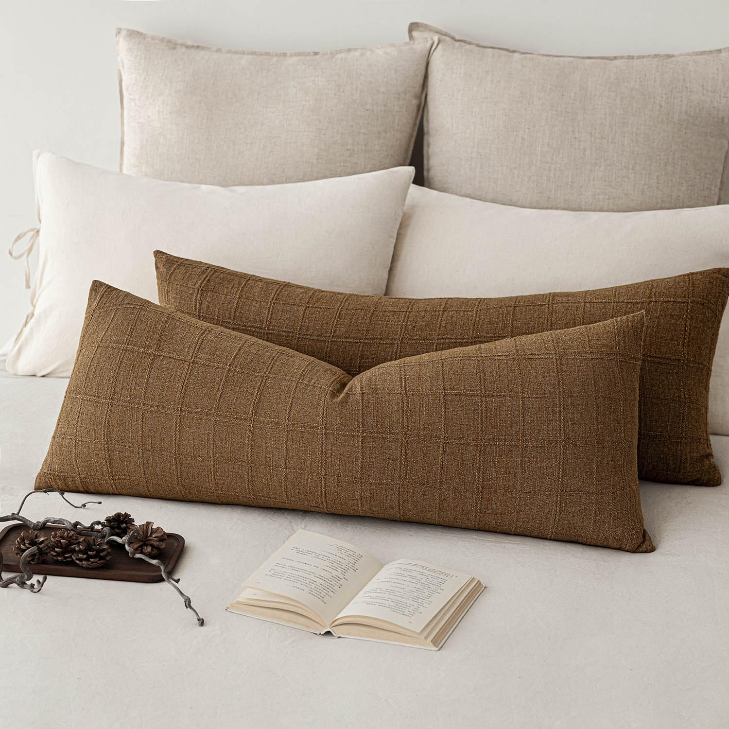 Foindtower Long Linen Check Lumbar Throw Pillow Cover 14×36 Cream White