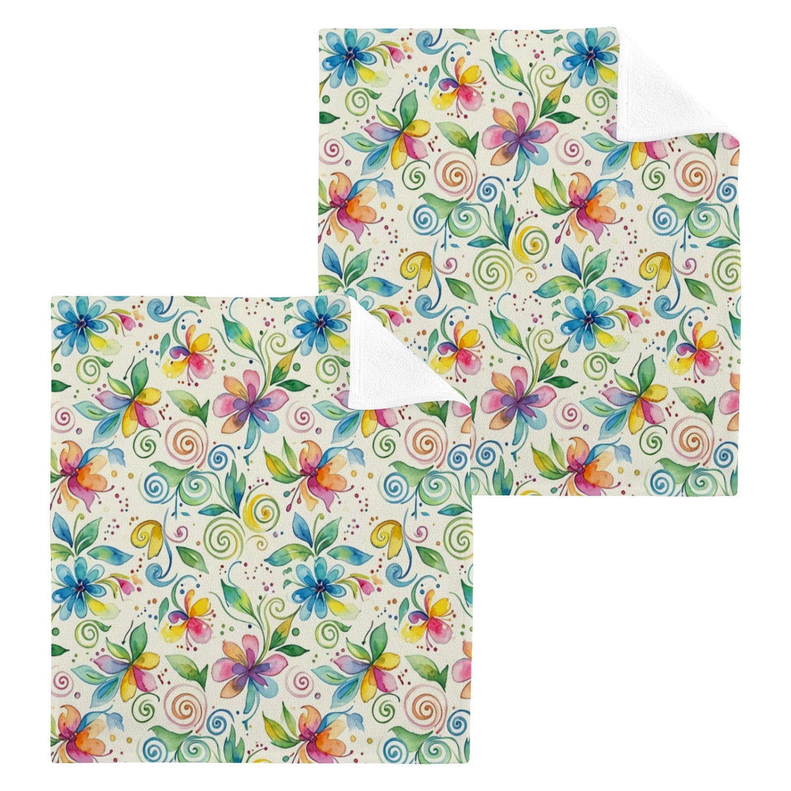 BOESI Whimsical Watercolor Floral 12x12in Cotton Washcloth,Face Towel
