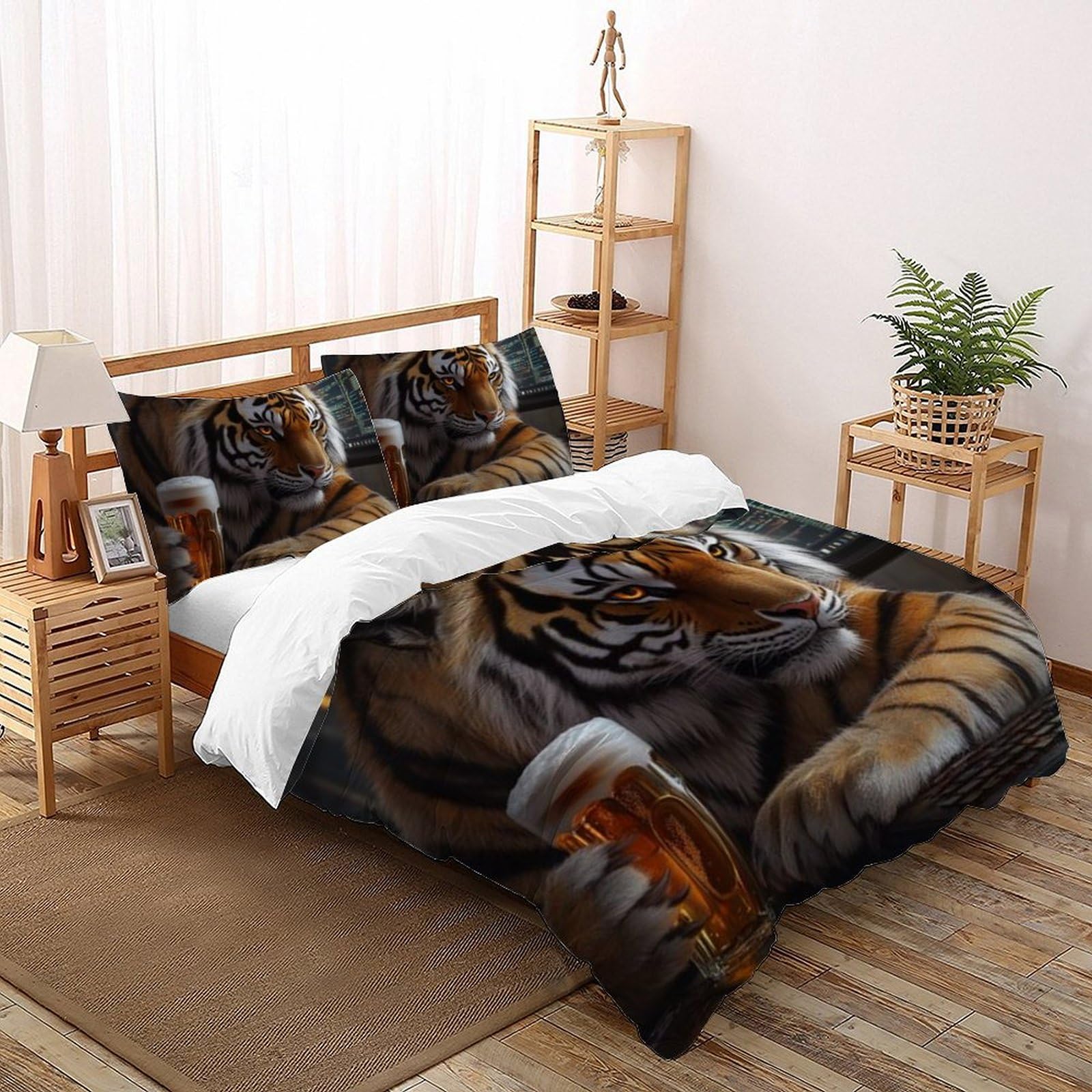 Housse de couette tigre 260x220 cm en microfibre avec 2 taies d'oreiller lit super king