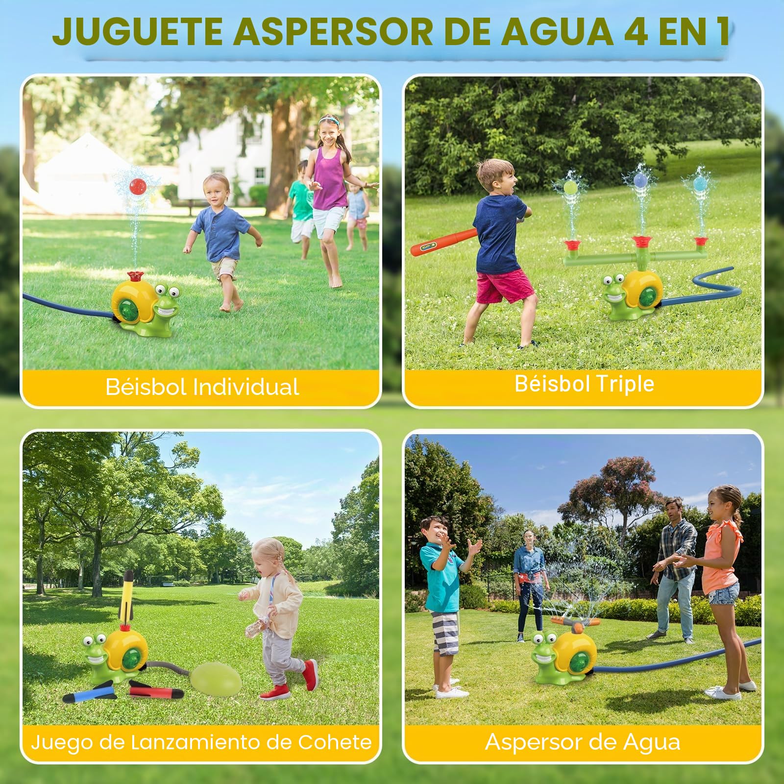 deAO 4 en 1 Aspersores Juegos de Agua Exterior para Niños - 2 Lanzador Béisbol, 3 Cohetes, 1 Aspersores 360° - Juegos Exterior Verano Jardín/Piscina Diversión para Niños y Niñas