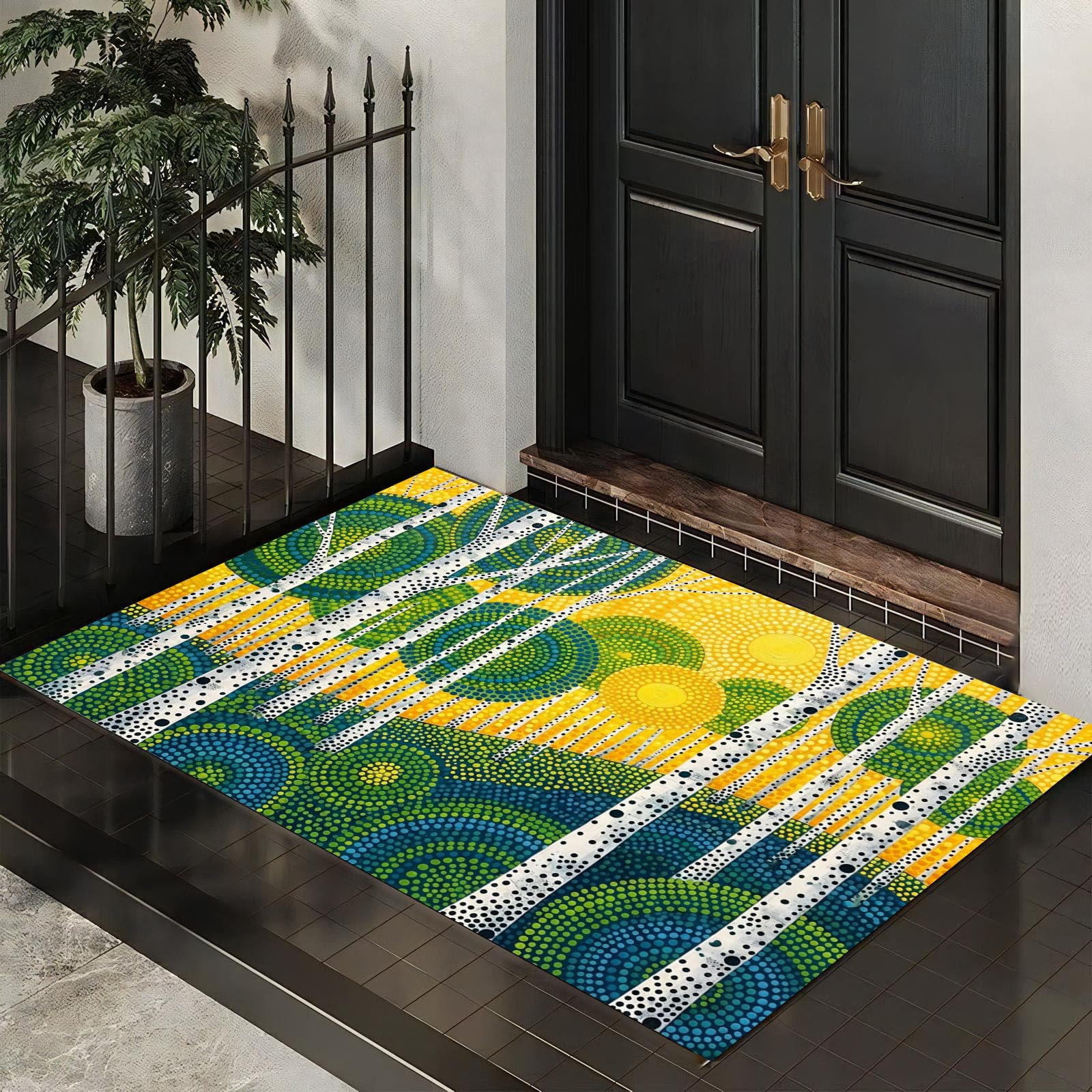 Zerbino Ingresso Interno 80X120Cm Foresta Astratta Pois Tappeto Lavabile Antiscivolo Dipinto Olio Raffigurante Betulla Passatoia Corridoio Sottile Zerbino Per Porta Di Casa Cucina Ufficio,Giallo-Verde